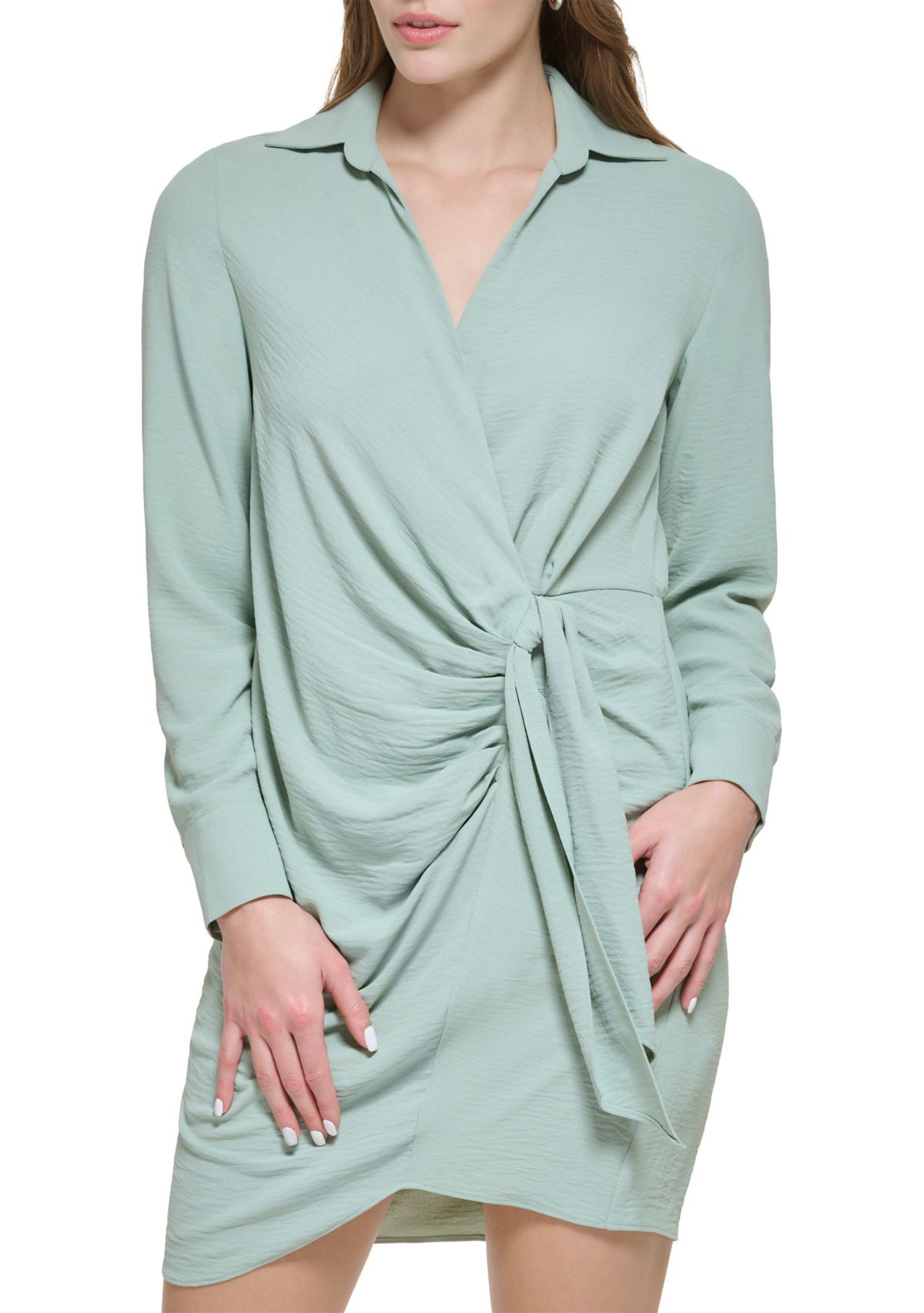 Womens Long Sleeve Surplice Side Tie Dress