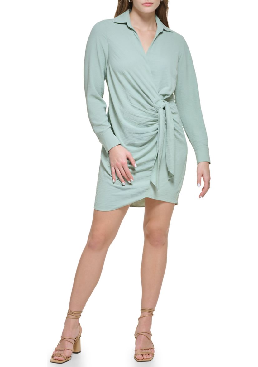 Womens Long Sleeve Surplice Side Tie Dress