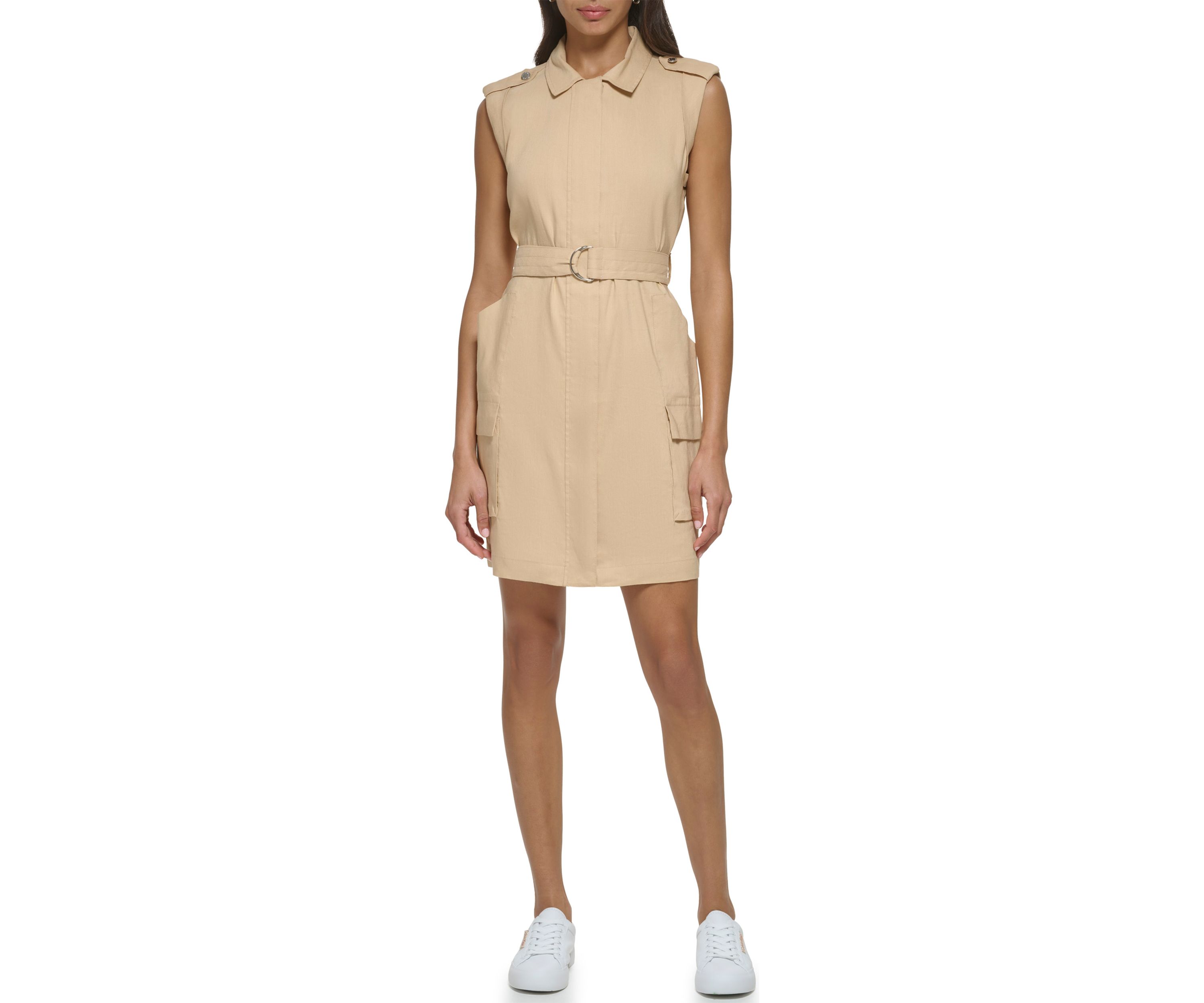 Womens Sleeveless Belted Linen Shirtdress