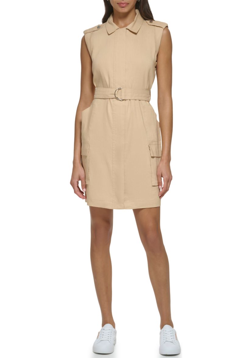Womens Sleeveless Belted Linen Shirtdress
