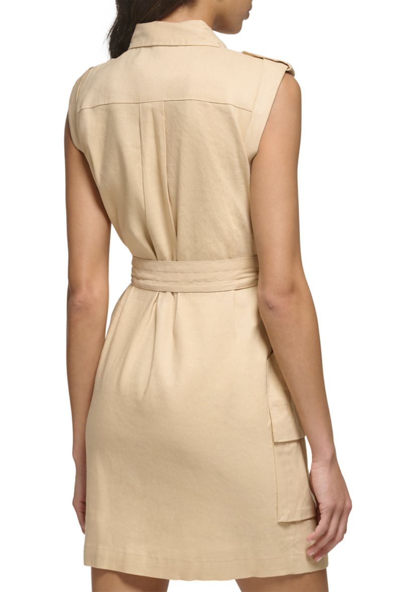 Womens Sleeveless Belted Linen Shirtdress