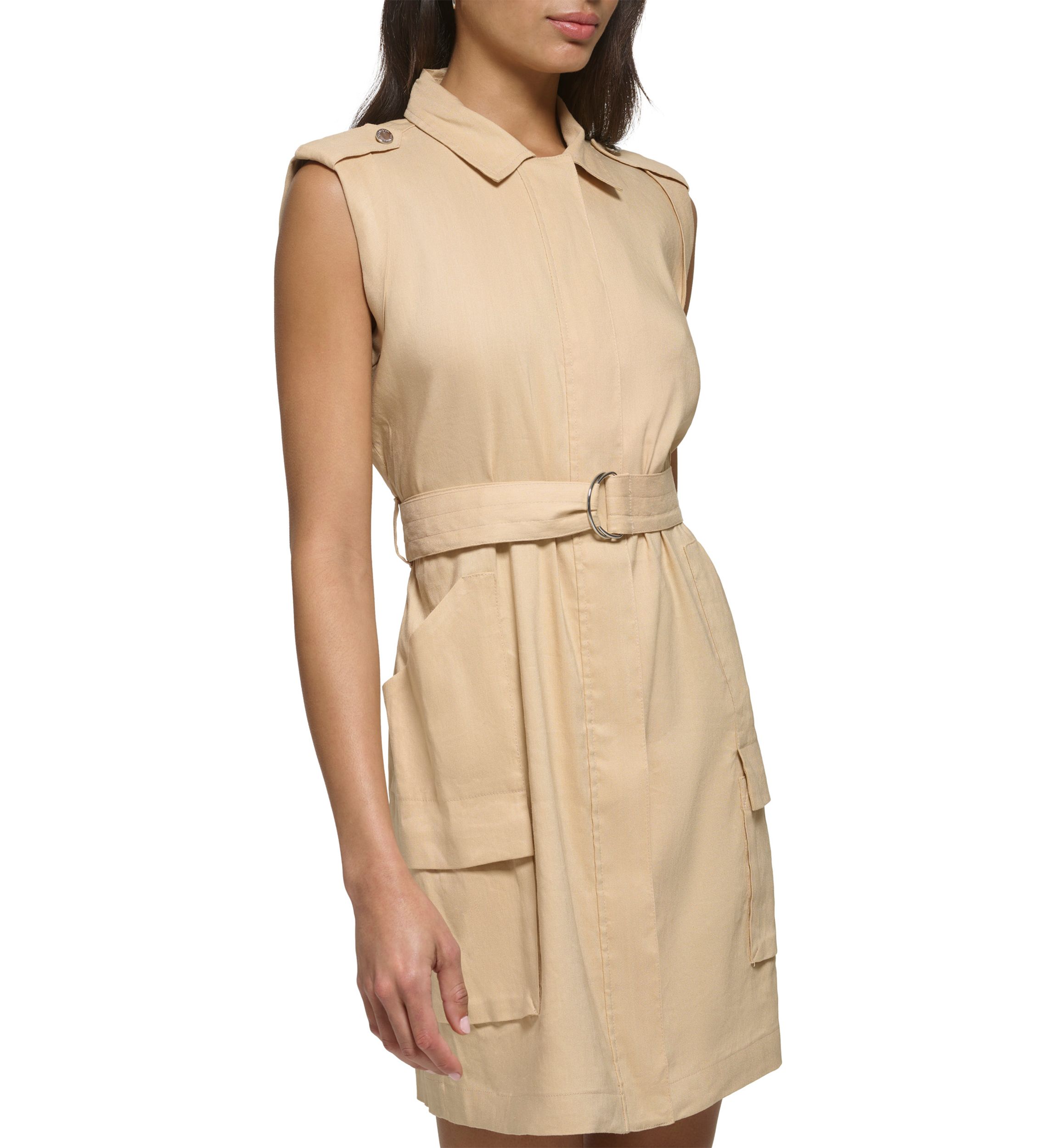 Womens Sleeveless Belted Linen Shirtdress