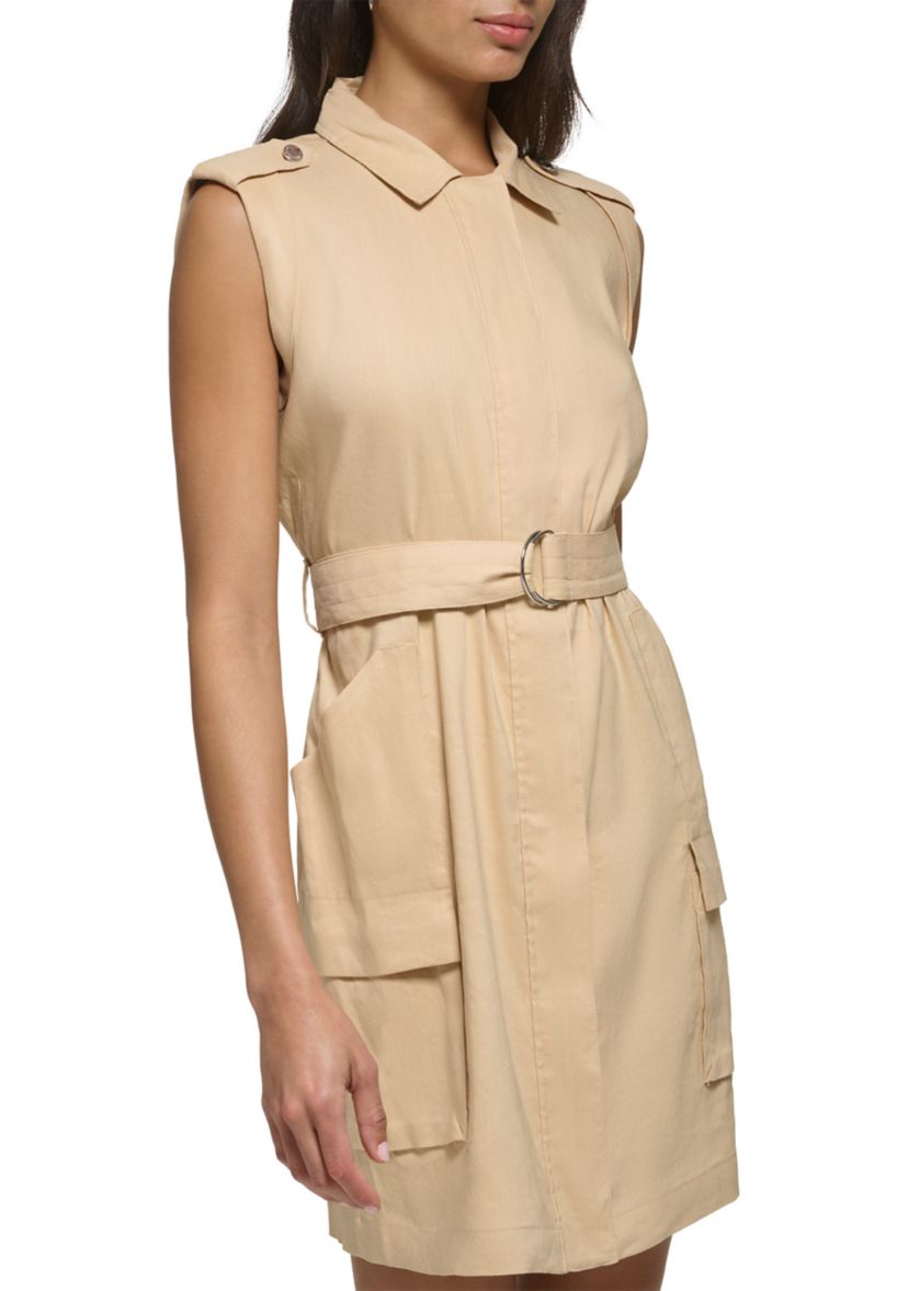 Womens Sleeveless Belted Linen Shirtdress