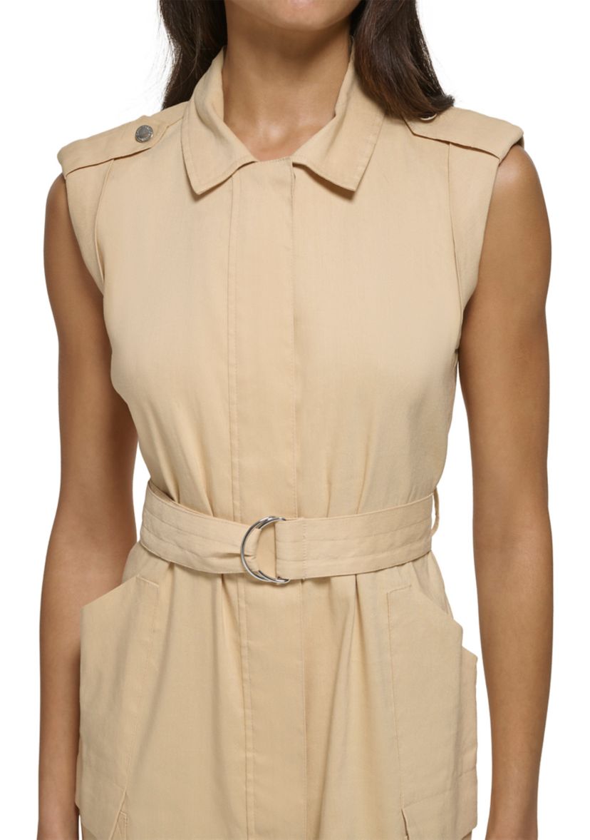 Womens Sleeveless Belted Linen Shirtdress