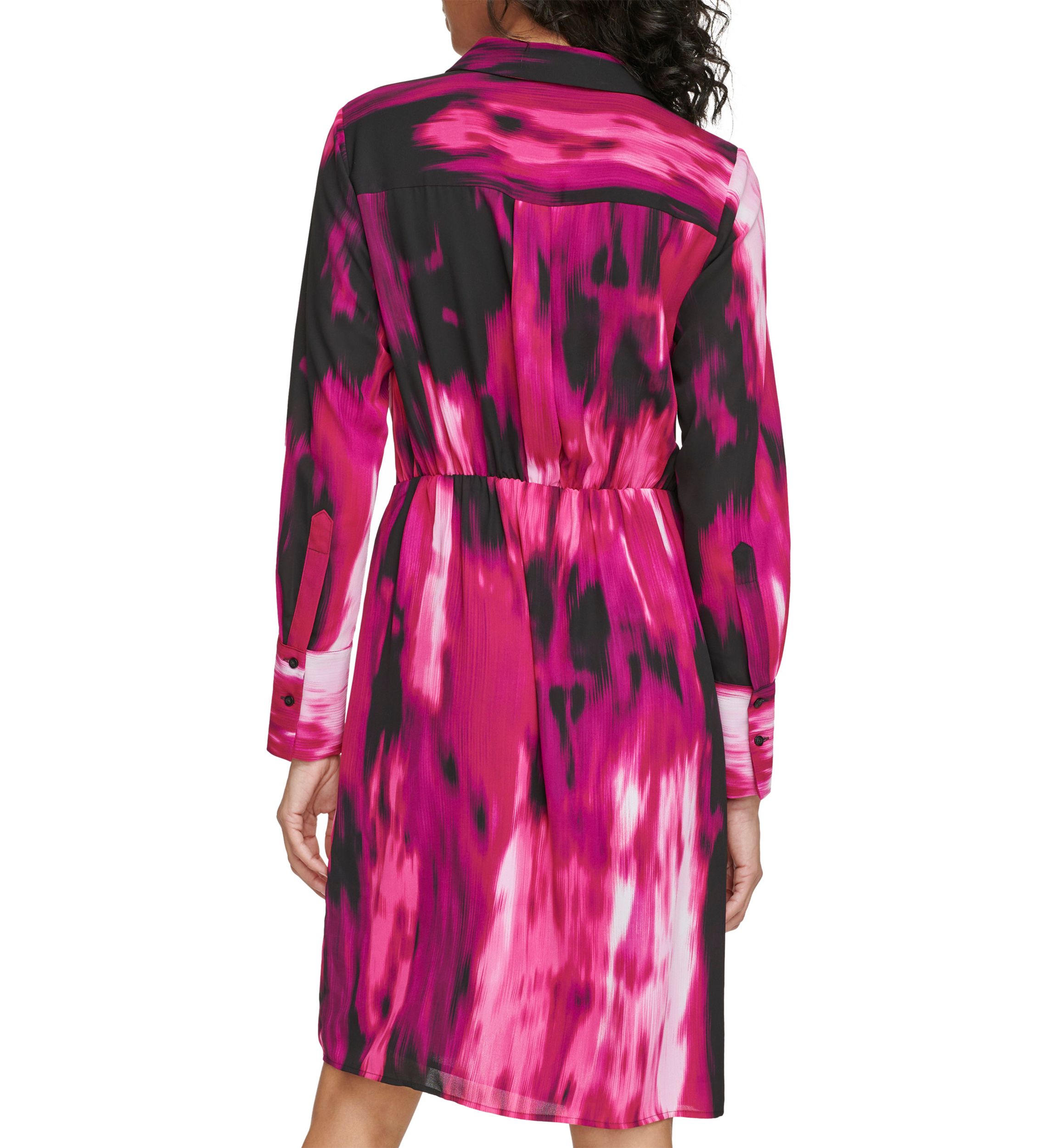 Womens Long Sleeve Printed Woven Midi Dress with Collar