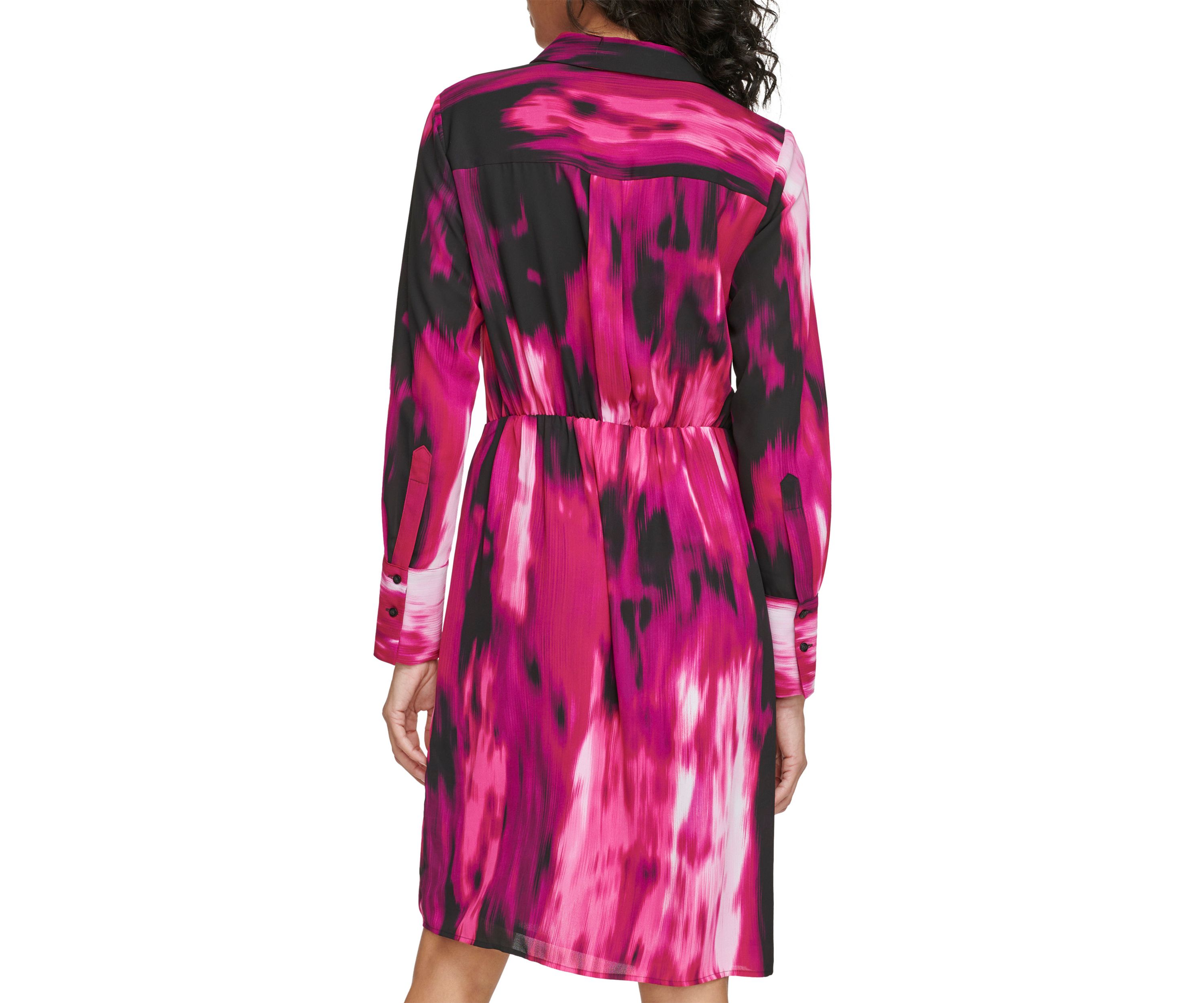 Womens Long Sleeve Printed Woven Midi Dress with Collar