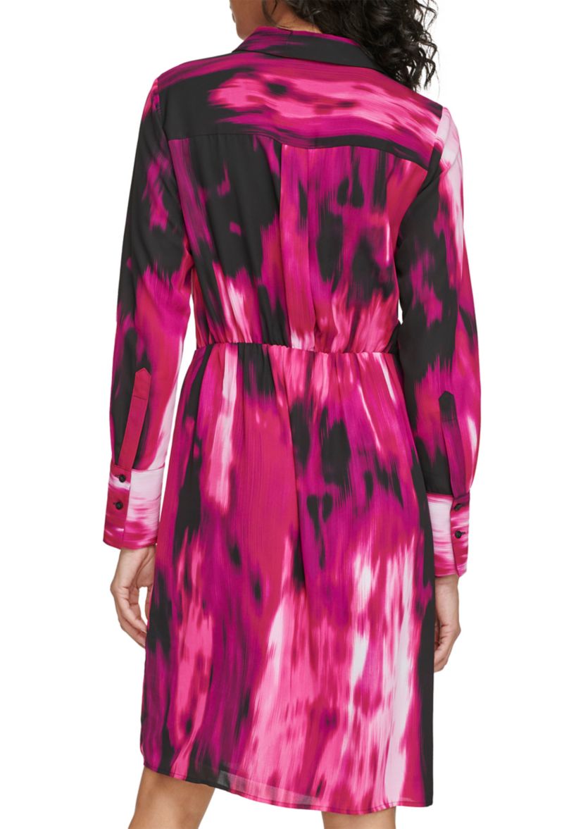 Womens Long Sleeve Printed Woven Midi Dress with Collar