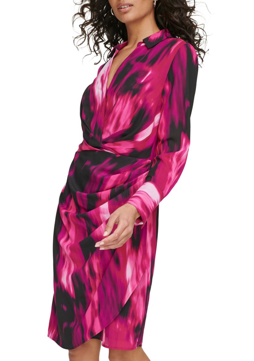 Womens Long Sleeve Printed Woven Midi Dress with Collar