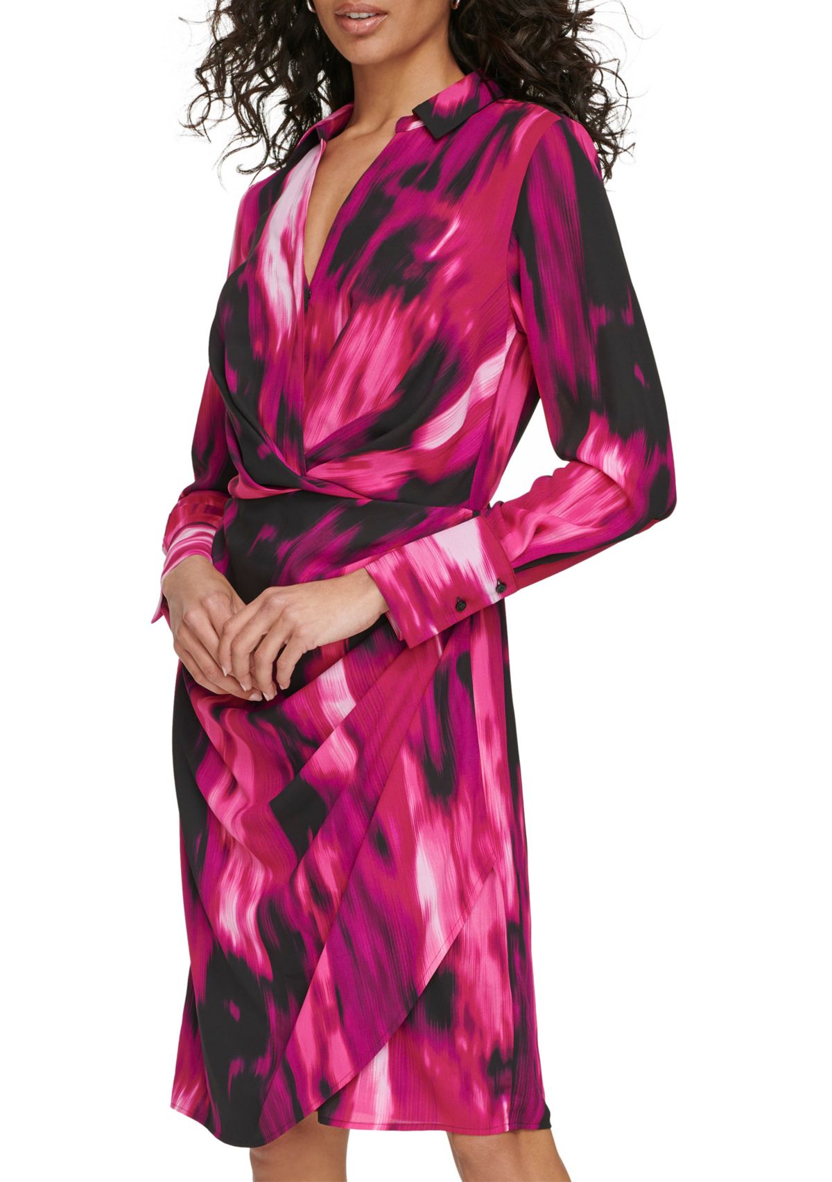 Womens Long Sleeve Printed Woven Midi Dress with Collar