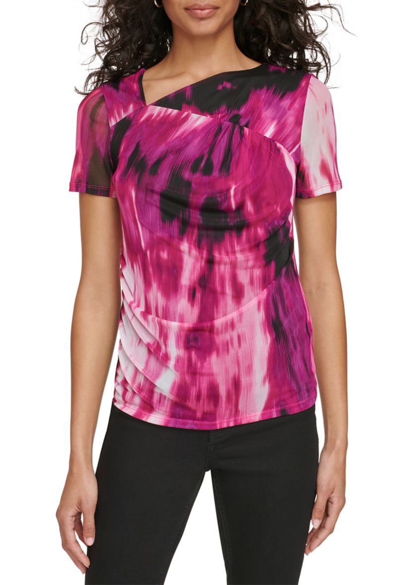 Womens Printed Mesh Knit Top
