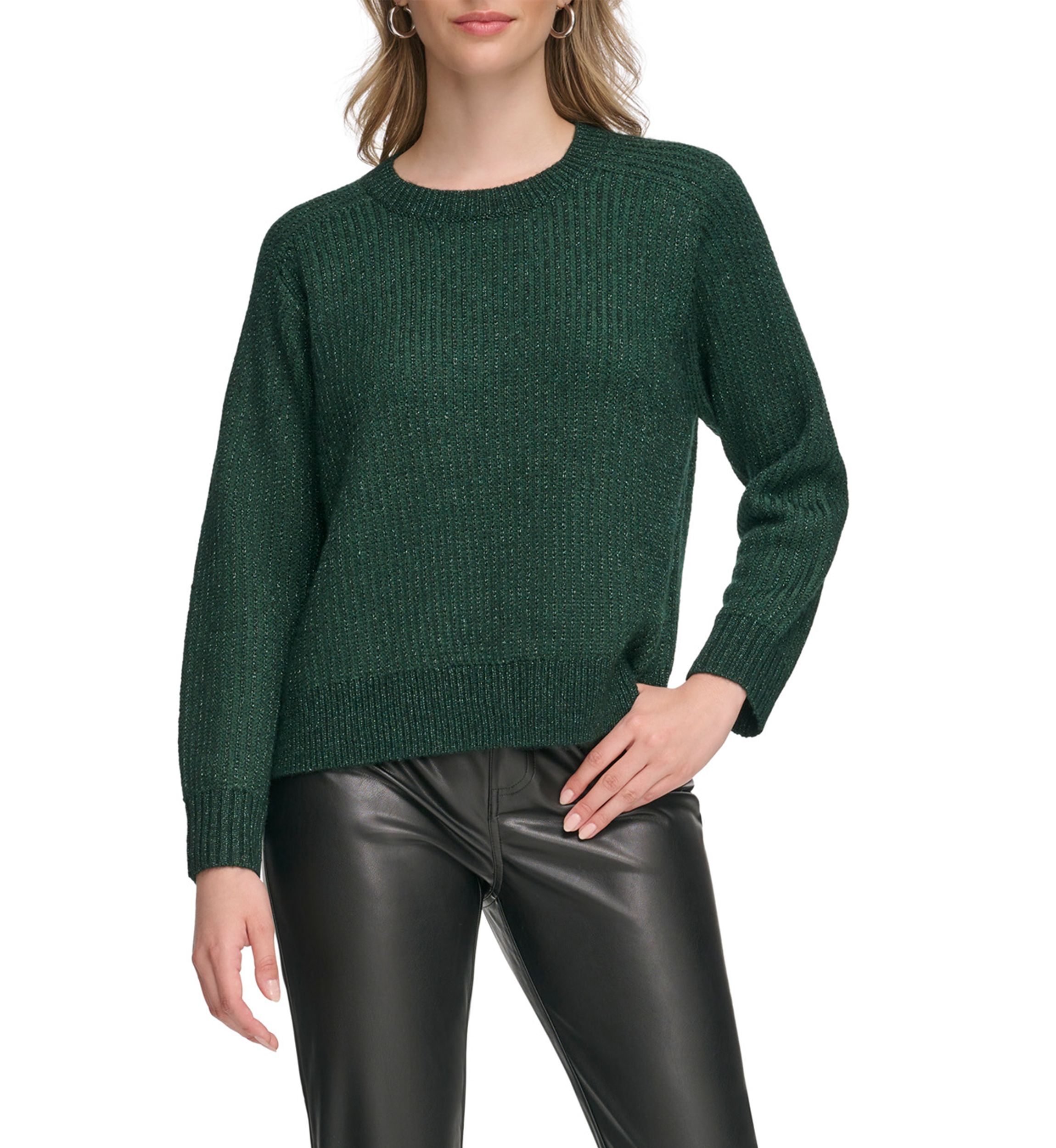 Womens Long Sleeve Crew Neck Lurex Pullover Sweater