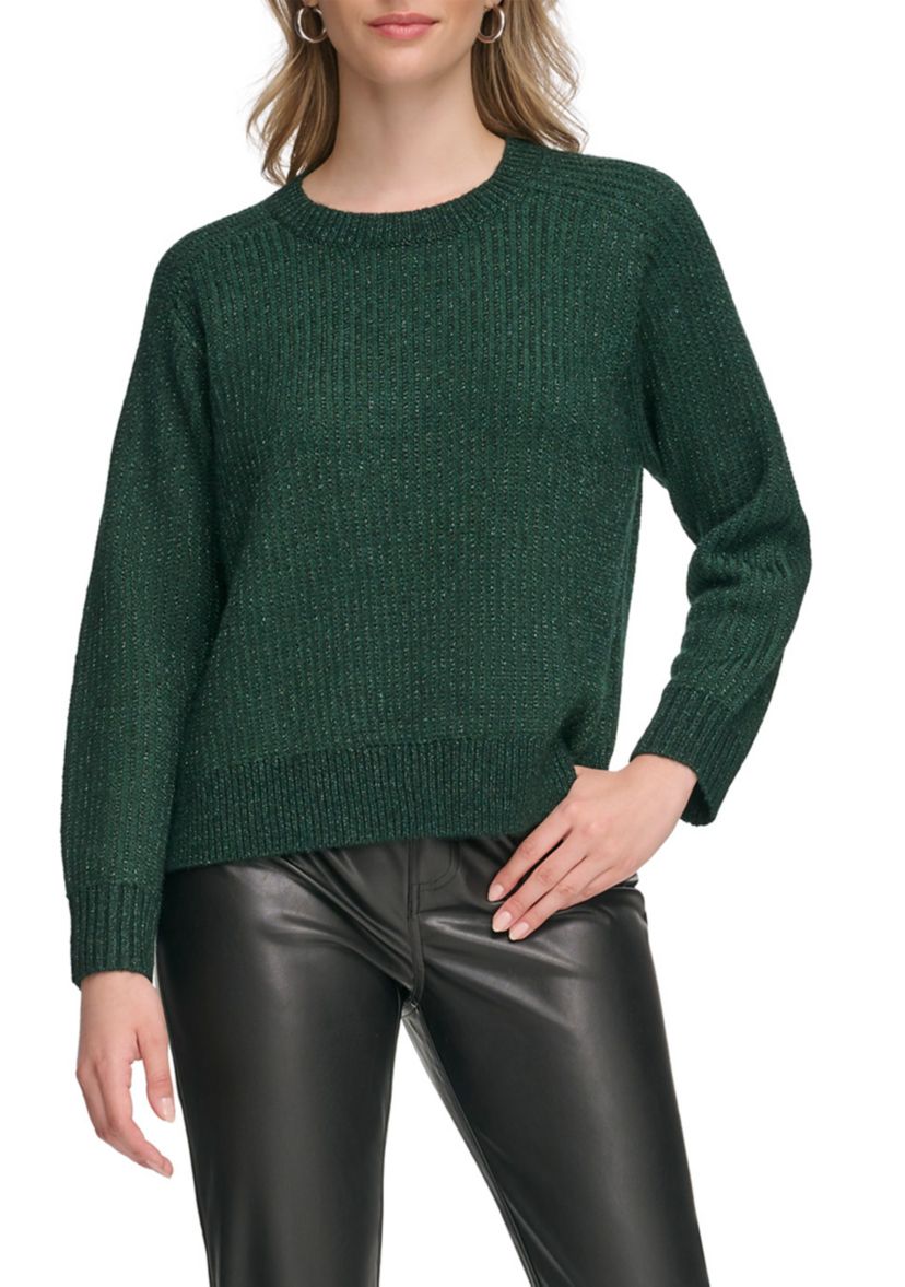 Womens Long Sleeve Crew Neck Lurex Pullover Sweater