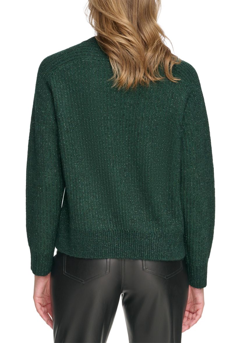 Womens Long Sleeve Crew Neck Lurex Pullover Sweater