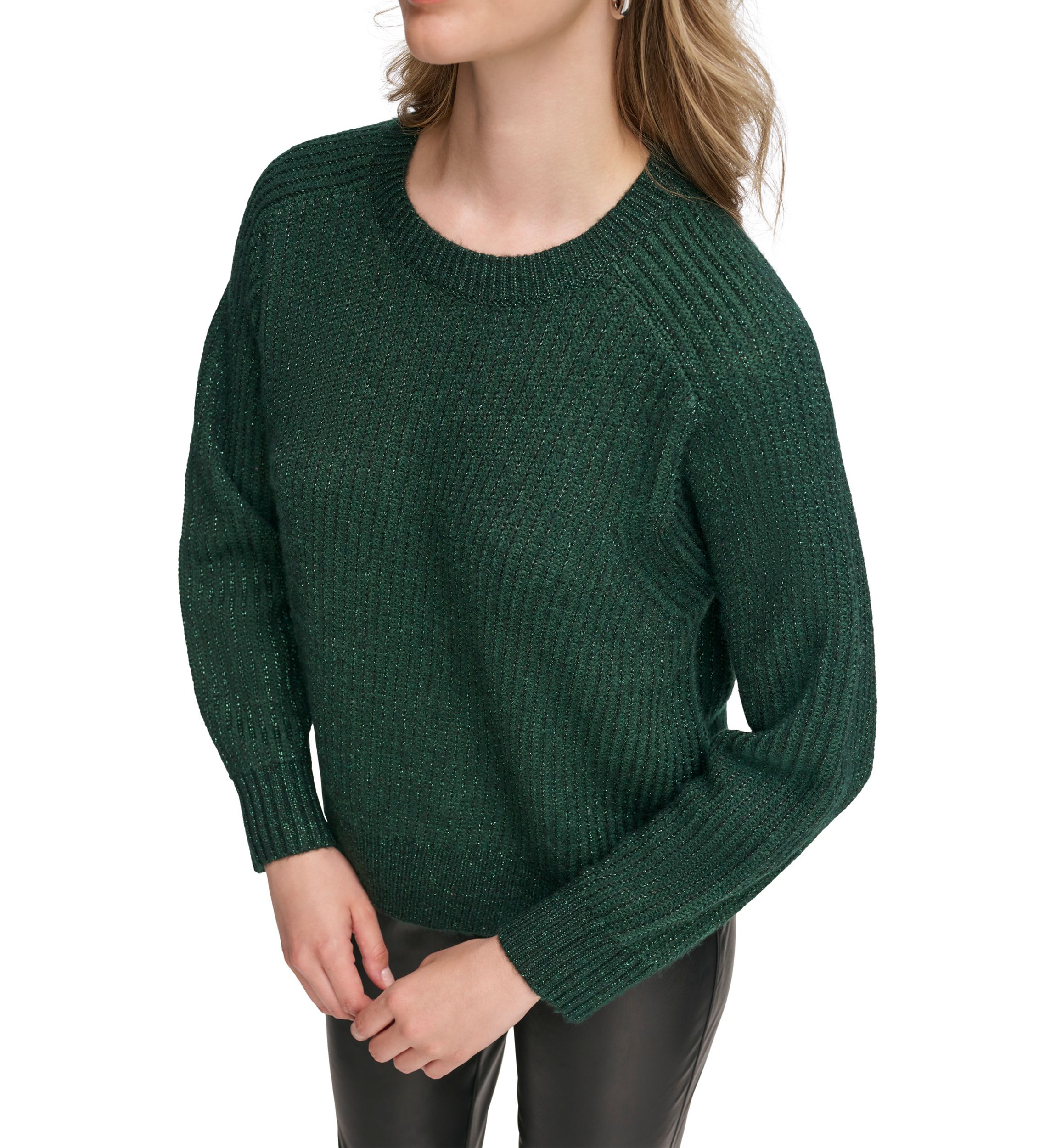 Womens Long Sleeve Crew Neck Lurex Pullover Sweater
