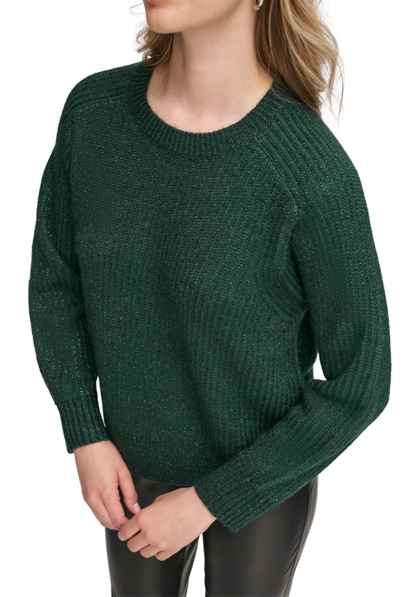 Womens Long Sleeve Crew Neck Lurex Pullover Sweater