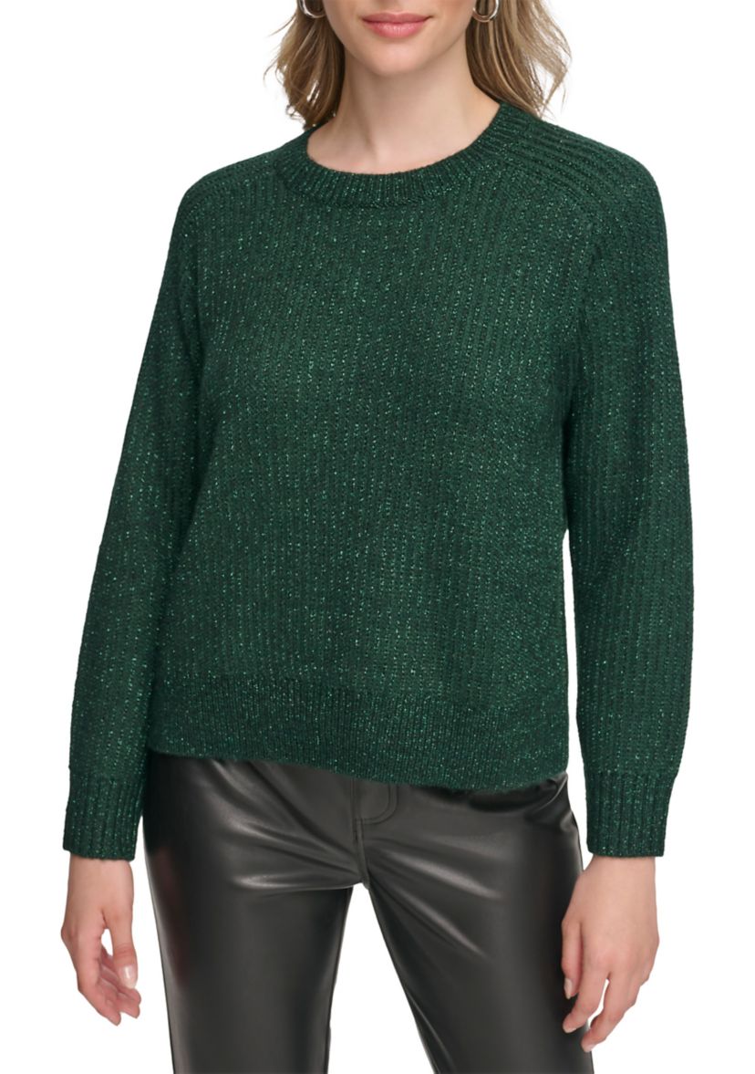 Womens Long Sleeve Crew Neck Lurex Pullover Sweater