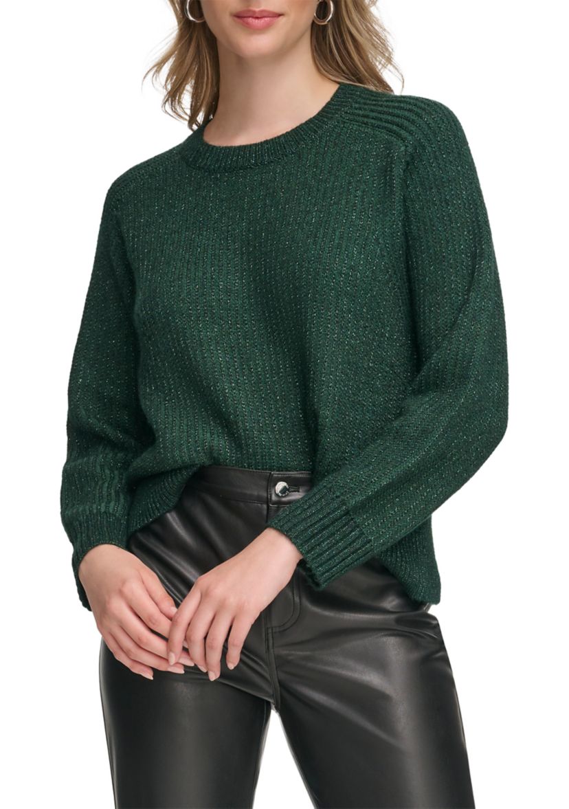 Womens Long Sleeve Crew Neck Lurex Pullover Sweater