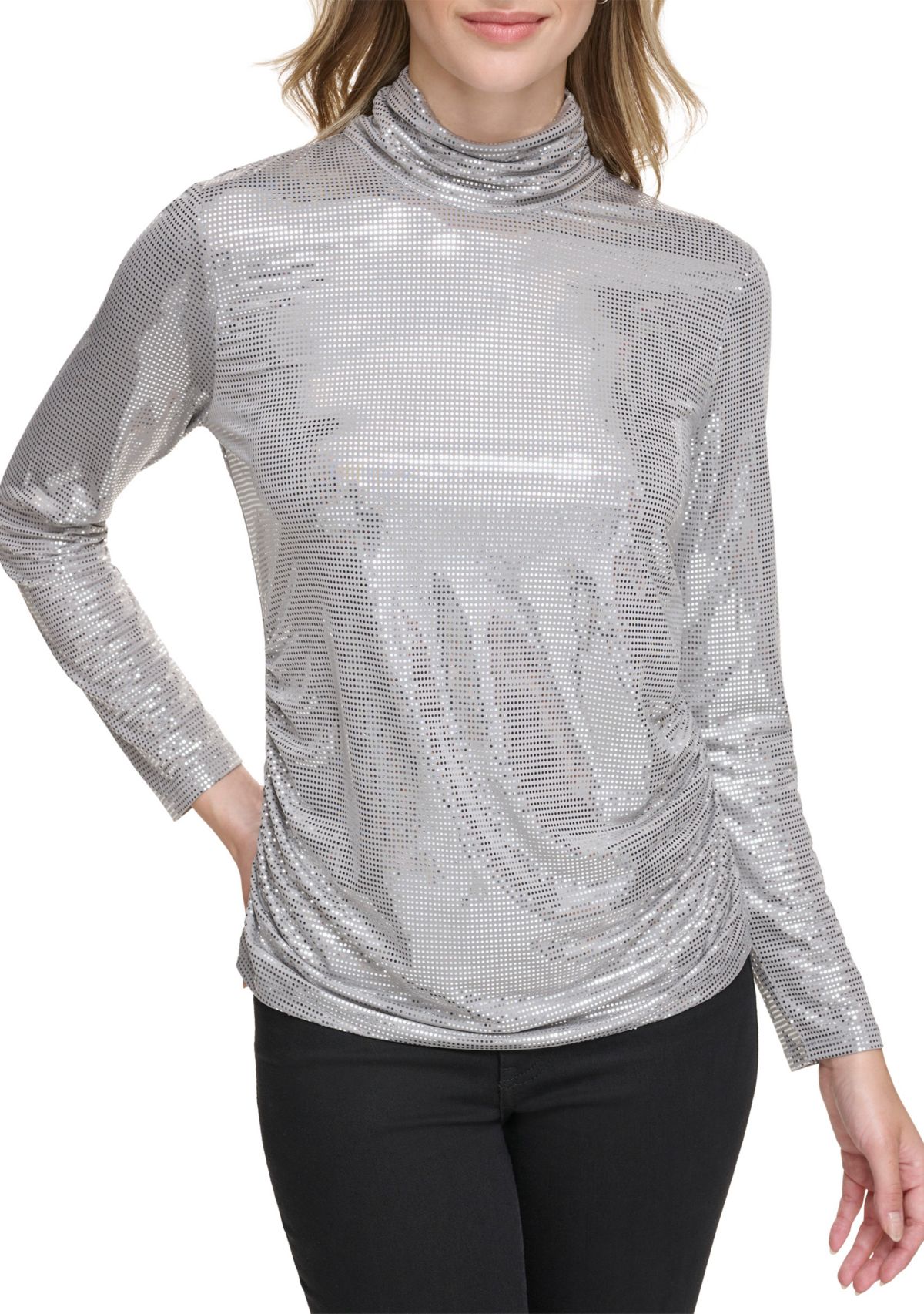 Womens Long Sleeve Side Ruched Disco Dot Mock Neck Top