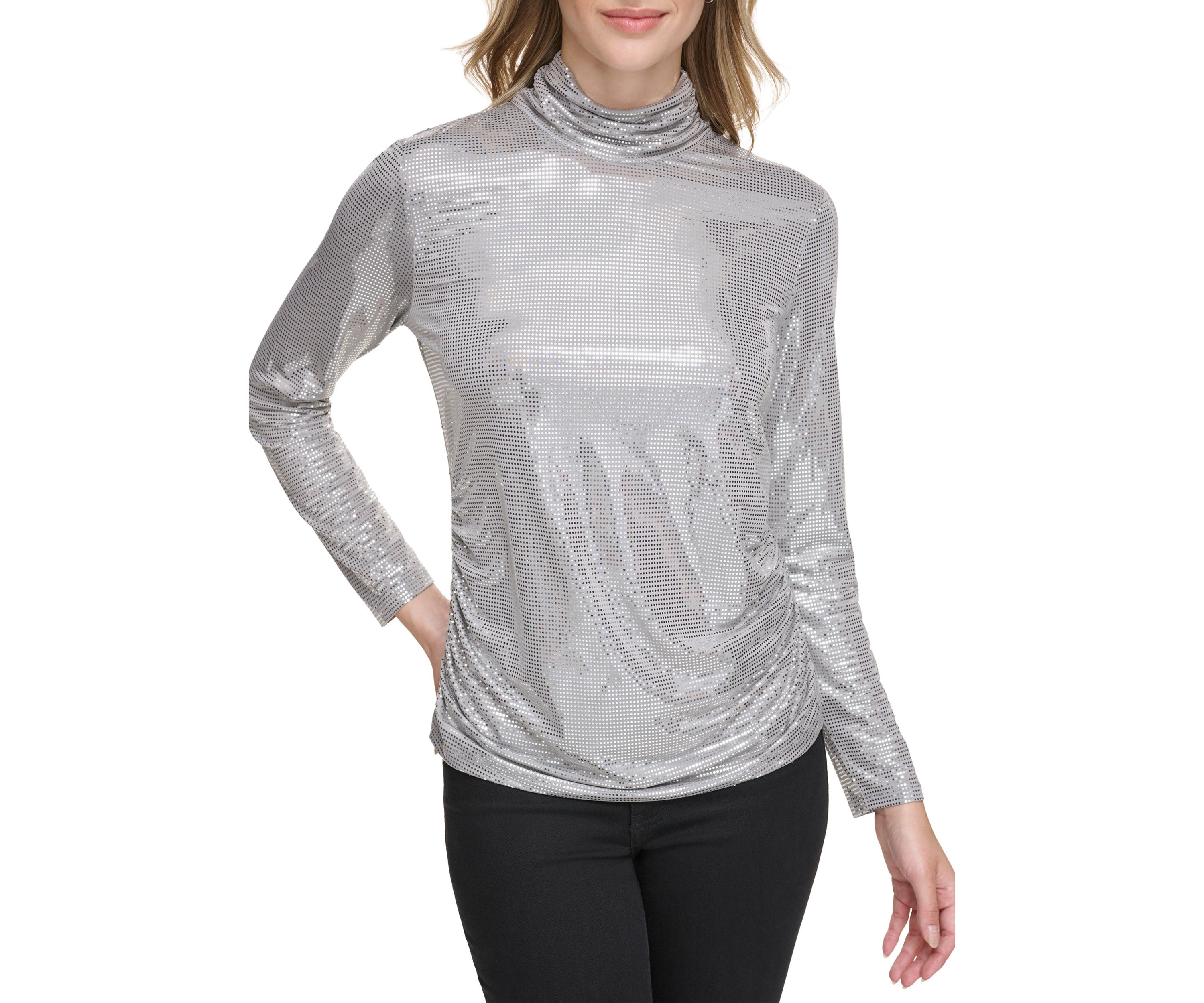 Womens Long Sleeve Side Ruched Disco Dot Mock Neck Top