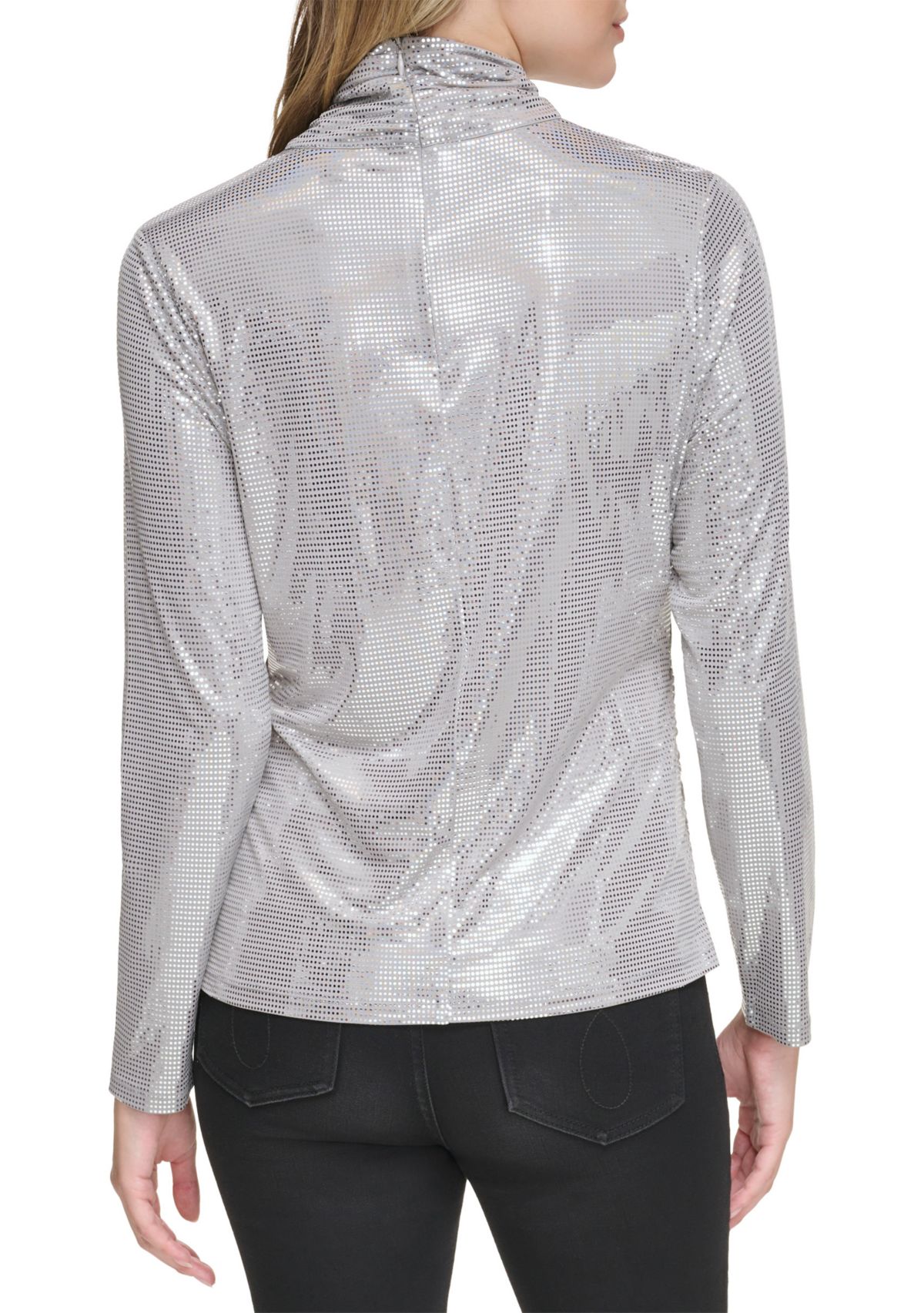 Womens Long Sleeve Side Ruched Disco Dot Mock Neck Top