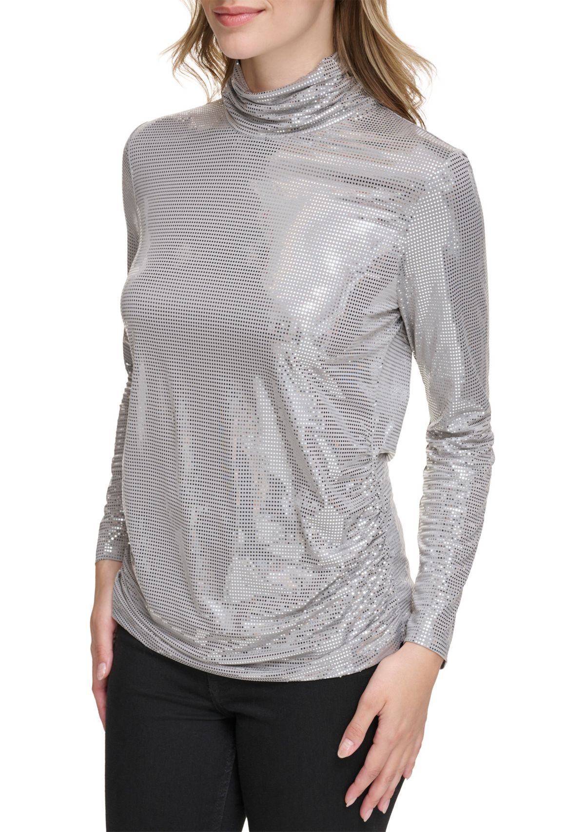 Womens Long Sleeve Side Ruched Disco Dot Mock Neck Top