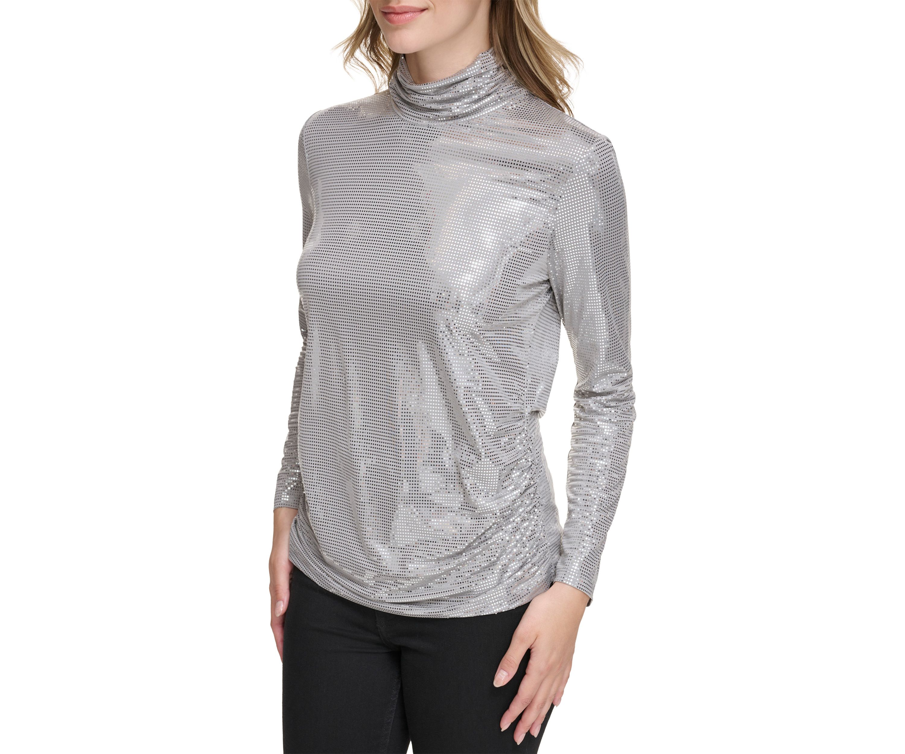 Womens Long Sleeve Side Ruched Disco Dot Mock Neck Top