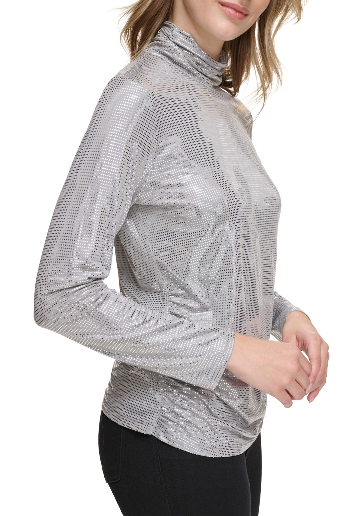 Womens Long Sleeve Side Ruched Disco Dot Mock Neck Top