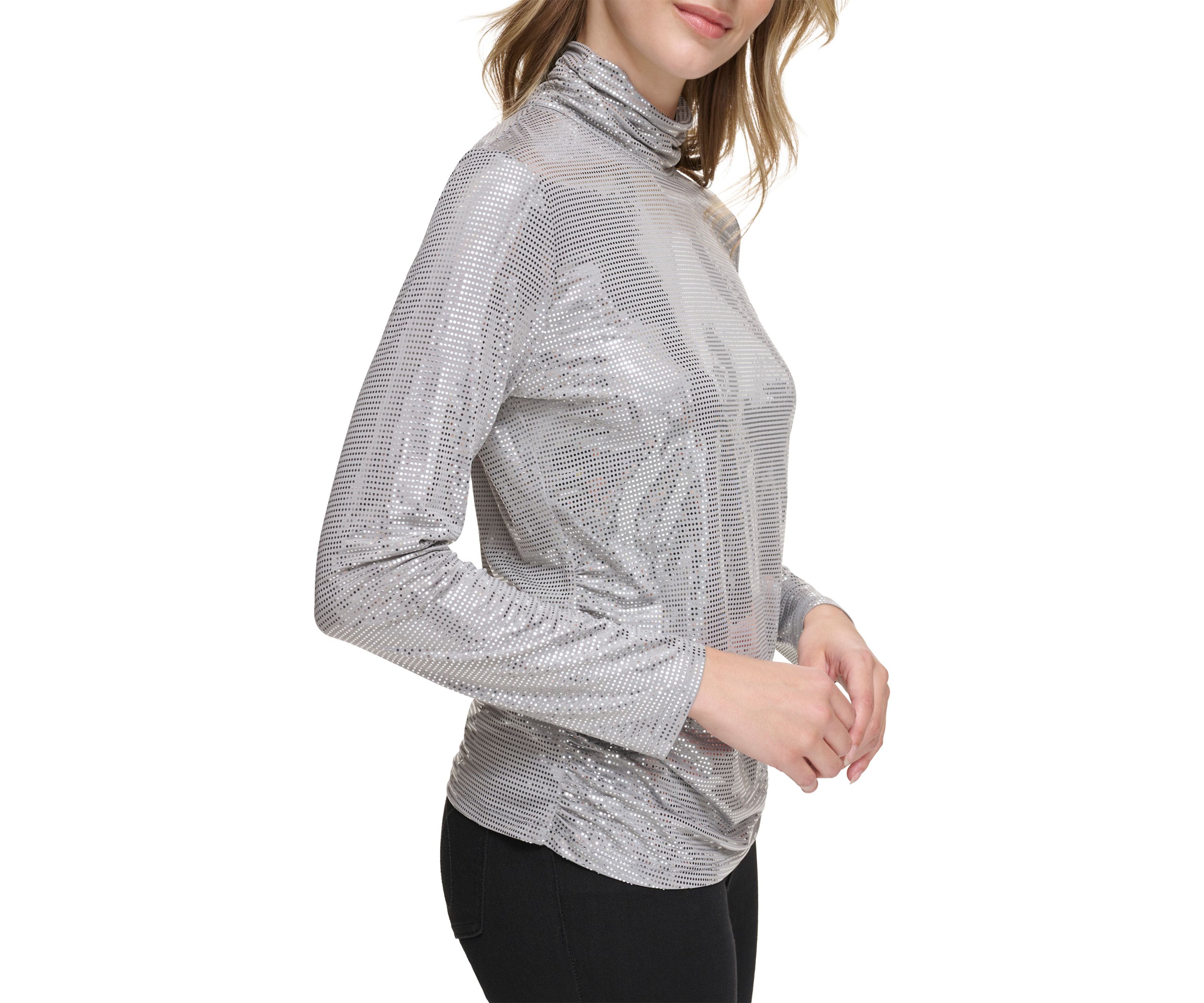 Womens Long Sleeve Side Ruched Disco Dot Mock Neck Top