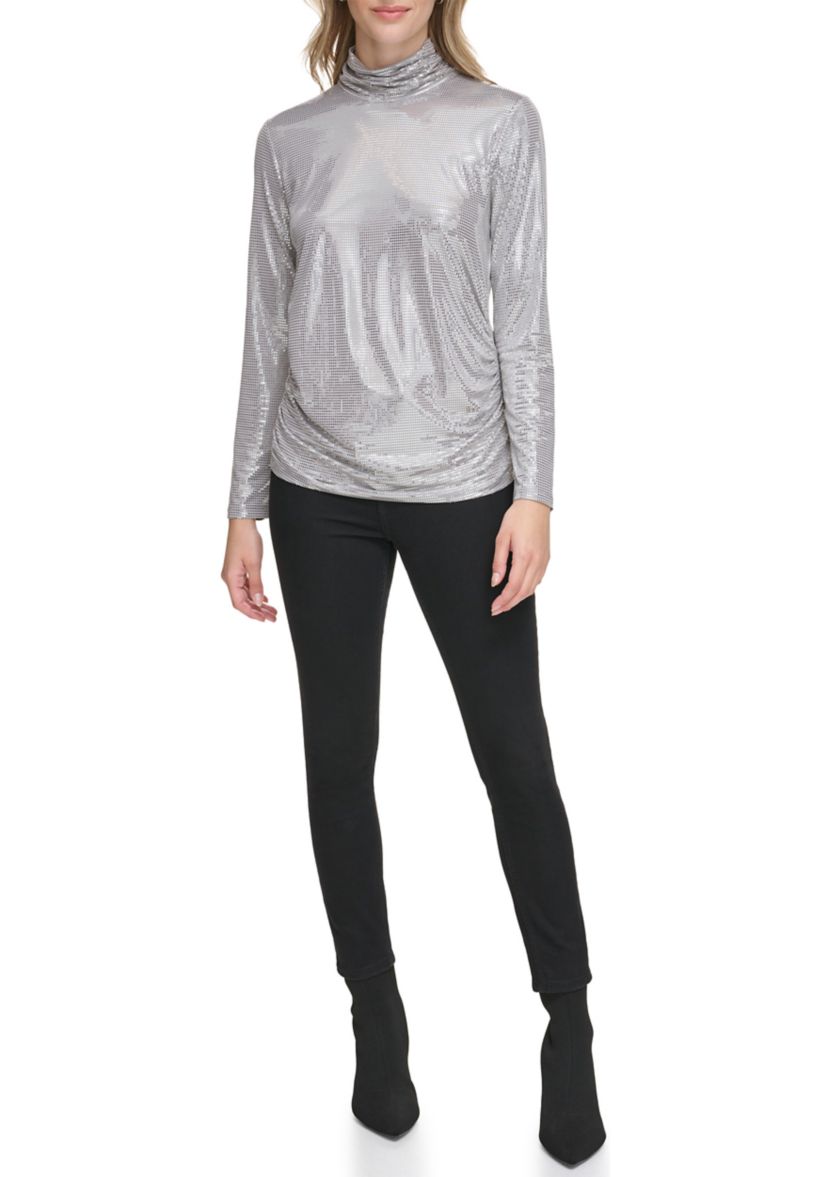Womens Long Sleeve Side Ruched Disco Dot Mock Neck Top