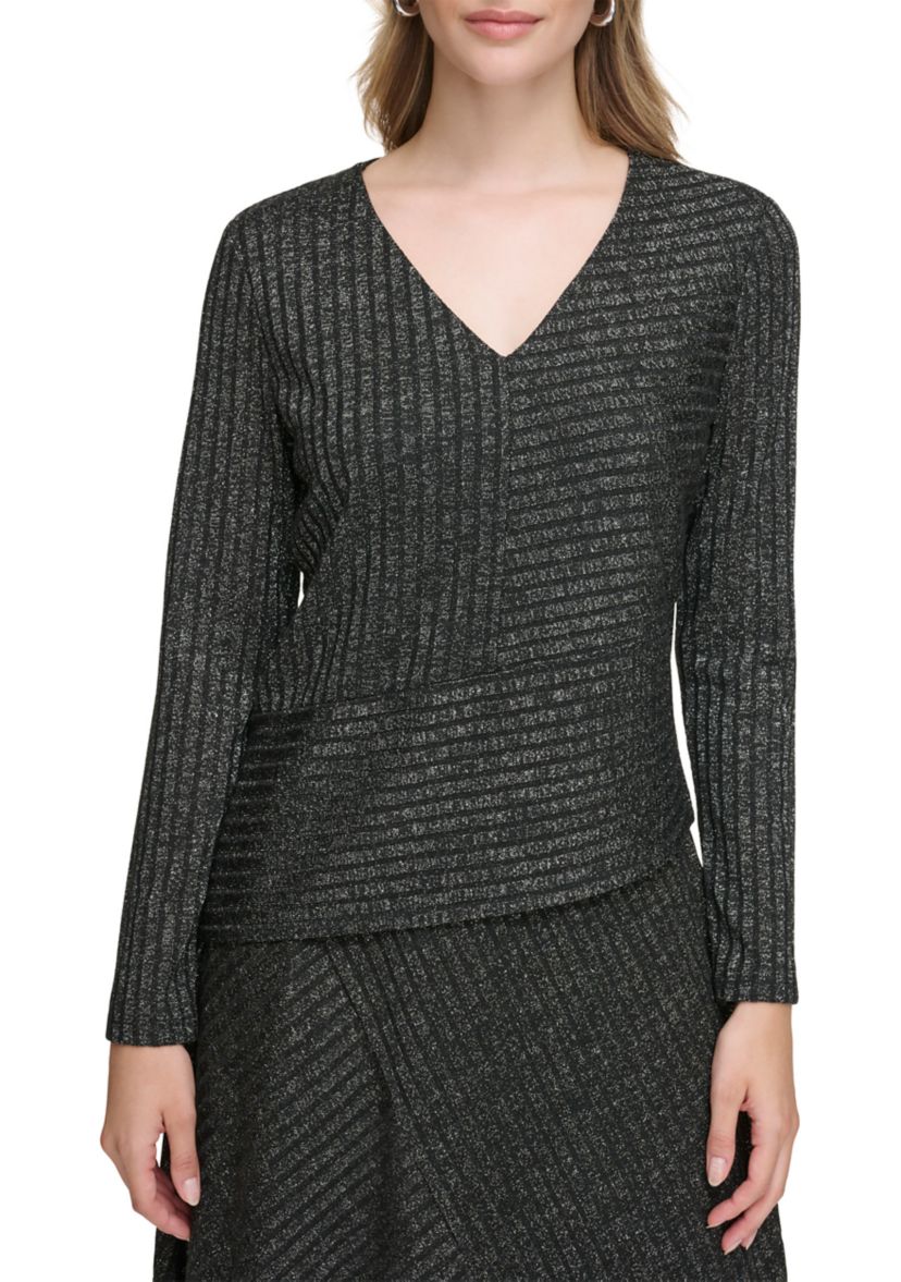Womens Long Sleeve Ribbed Lurex Asymmetrical Top