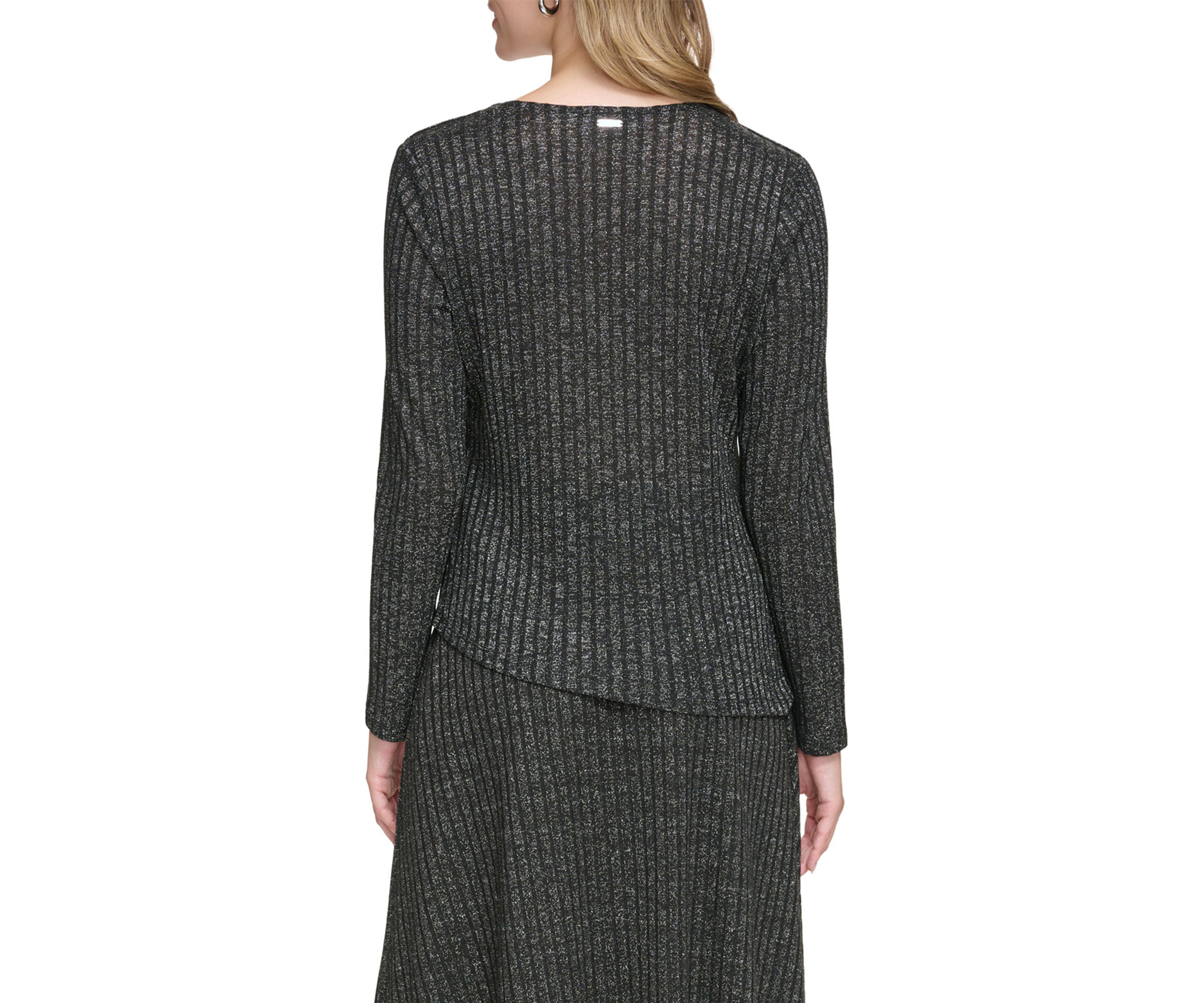 Womens Long Sleeve Ribbed Lurex Asymmetrical Top