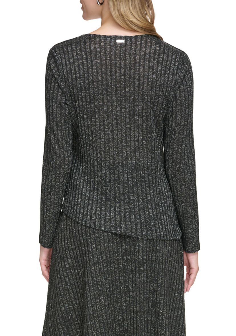 Womens Long Sleeve Ribbed Lurex Asymmetrical Top