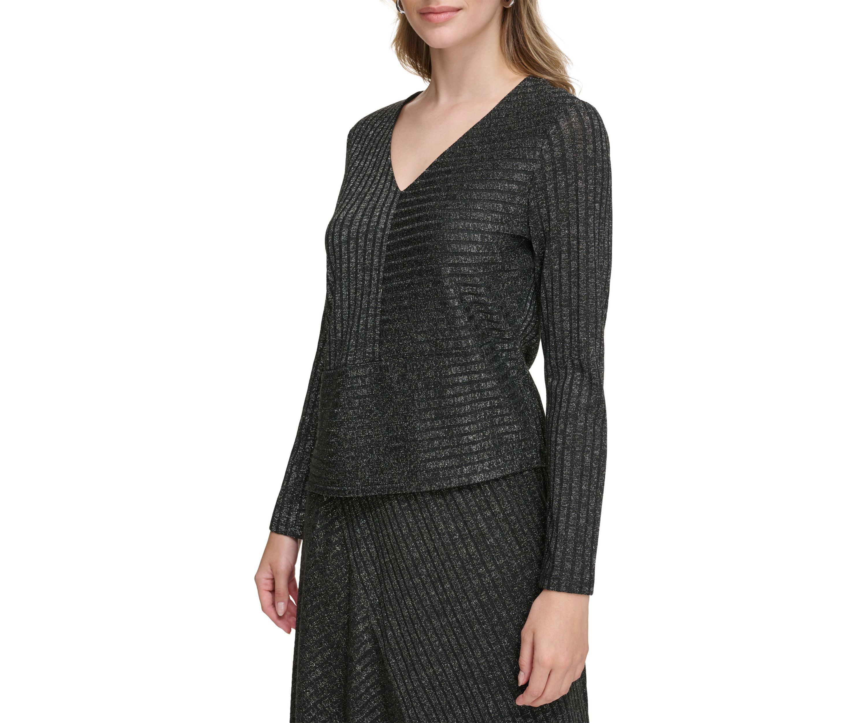 Womens Long Sleeve Ribbed Lurex Asymmetrical Top