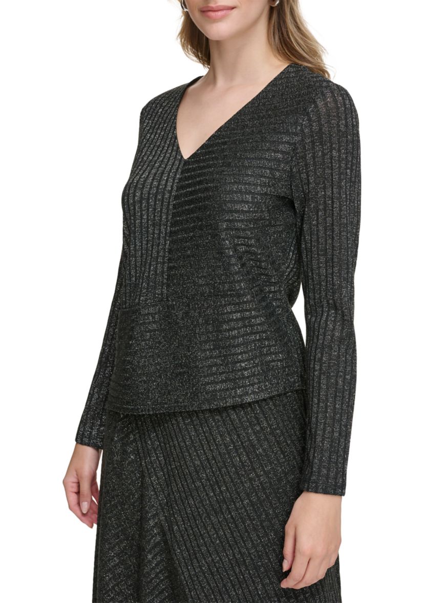 Womens Long Sleeve Ribbed Lurex Asymmetrical Top