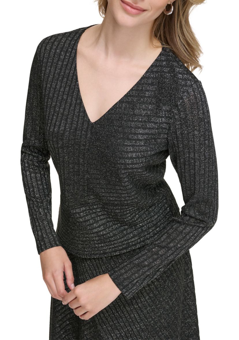 Womens Long Sleeve Ribbed Lurex Asymmetrical Top
