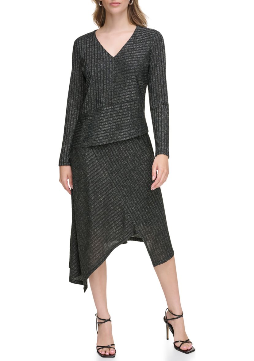 Womens Long Sleeve Ribbed Lurex Asymmetrical Top
