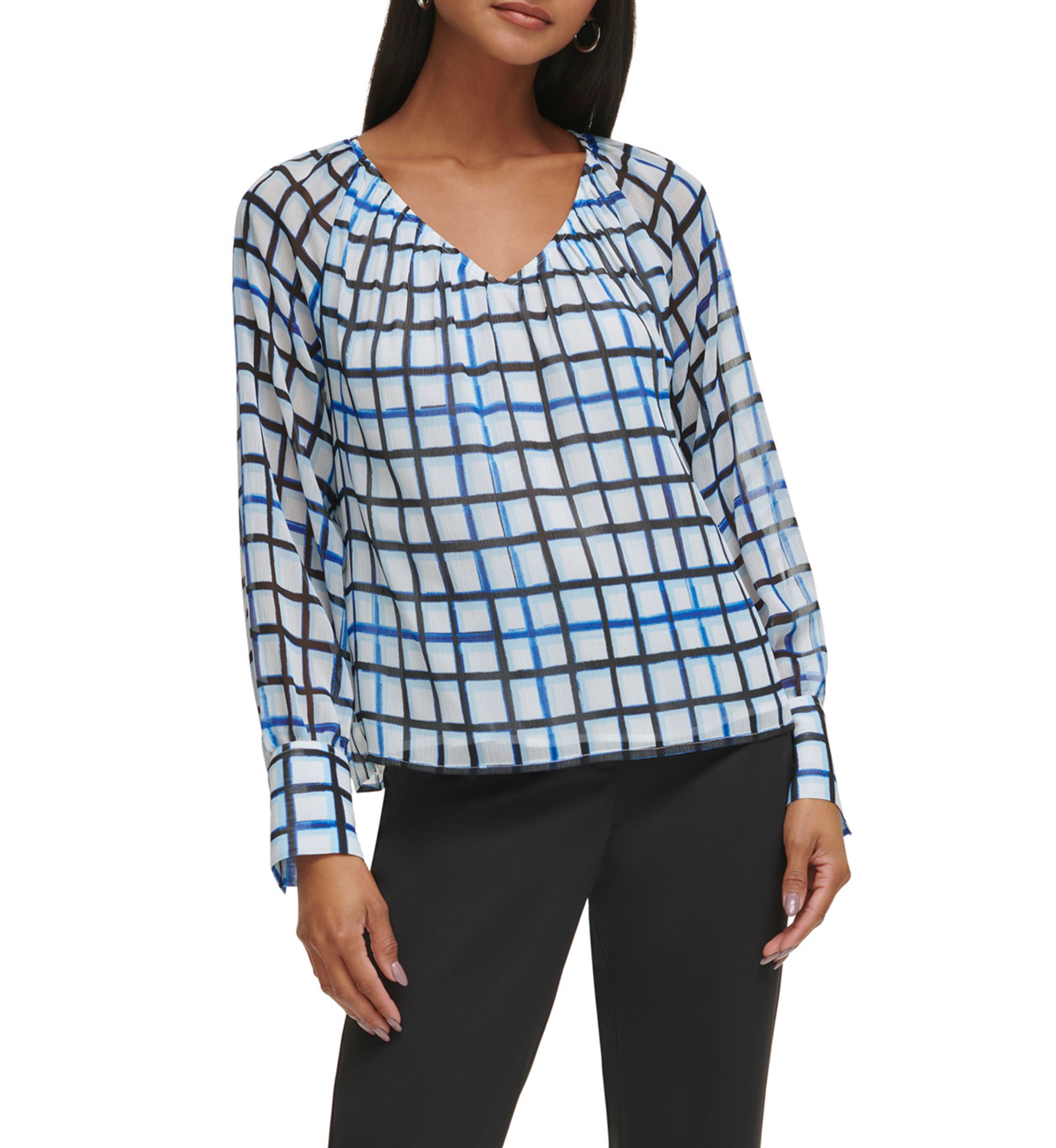 Womens Raglan Sleeve Grid Print Blouse 