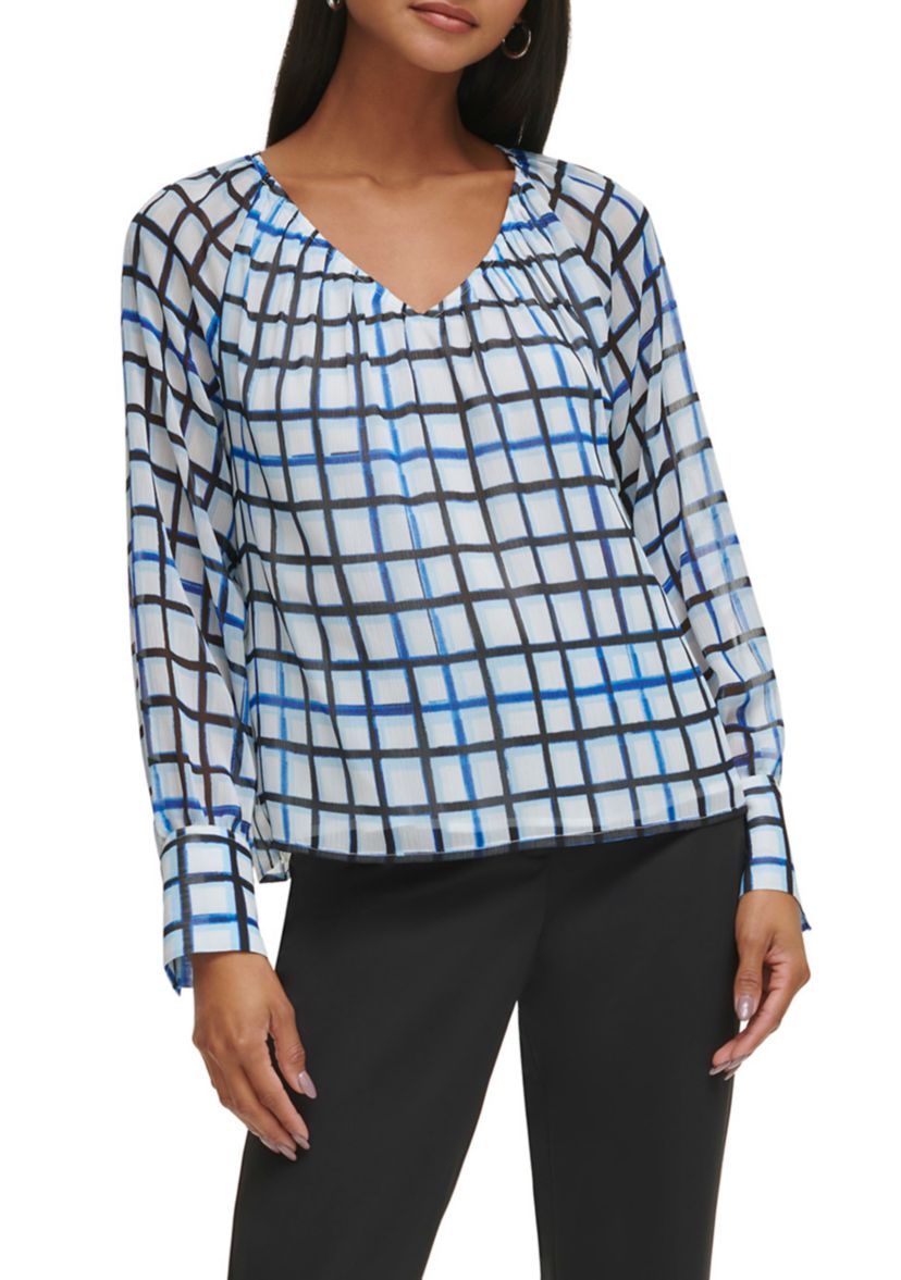 Womens Raglan Sleeve Grid Print Blouse 