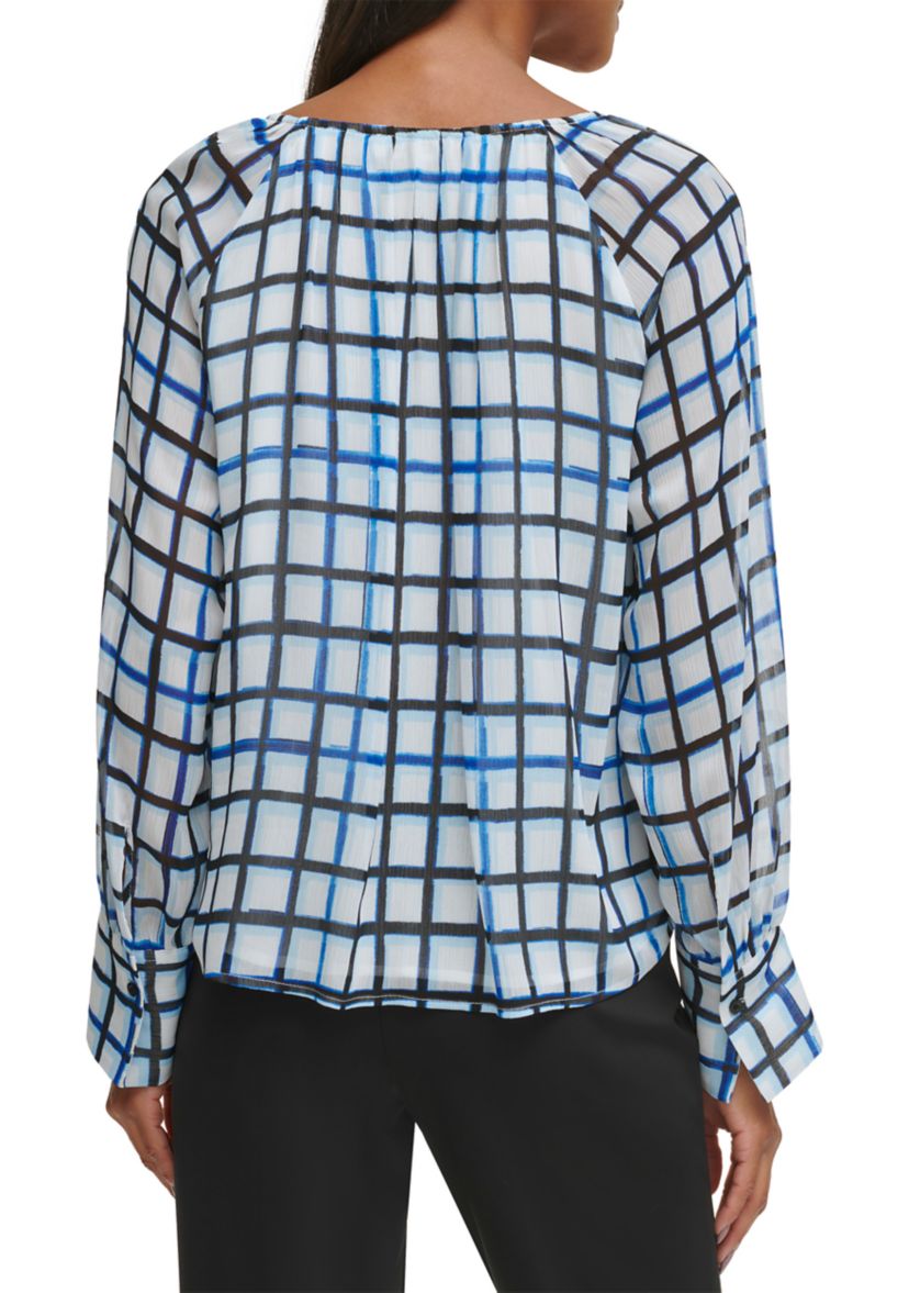 Womens Raglan Sleeve Grid Print Blouse 