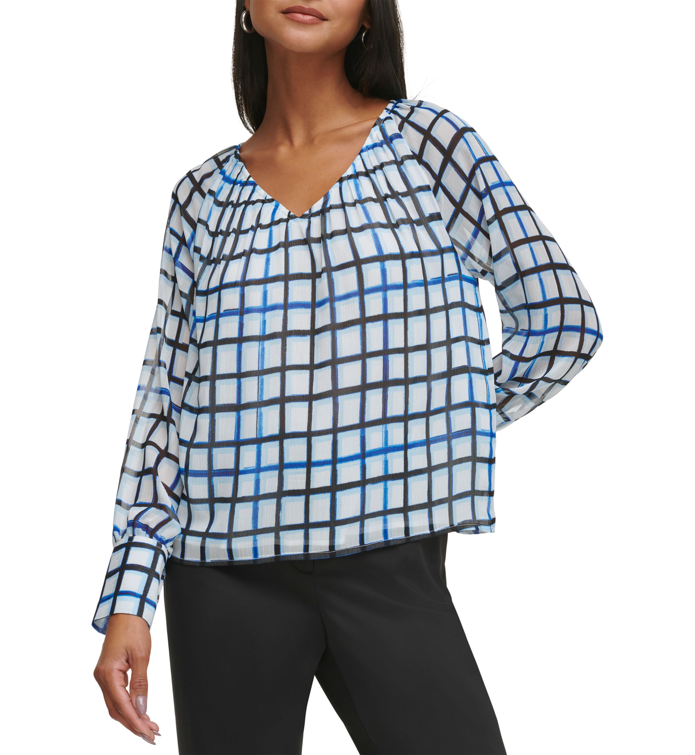 Womens Raglan Sleeve Grid Print Blouse 