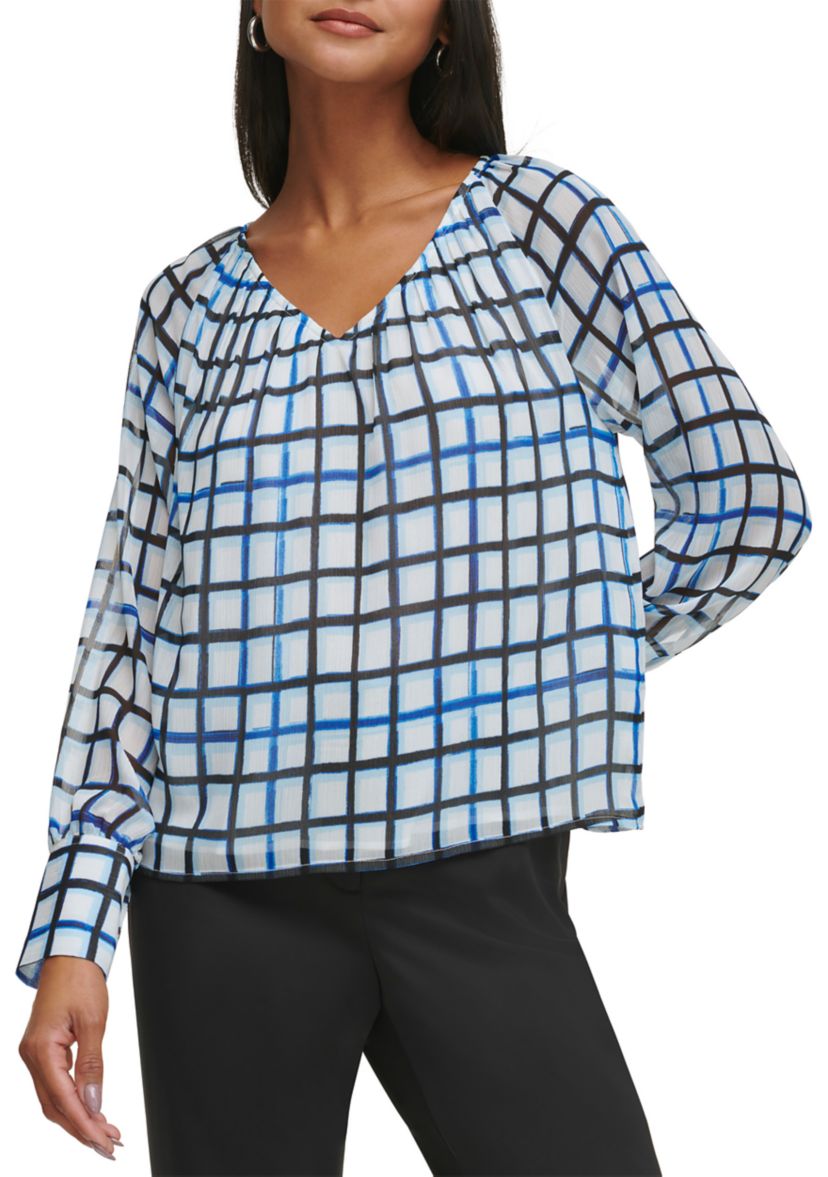 Womens Raglan Sleeve Grid Print Blouse 