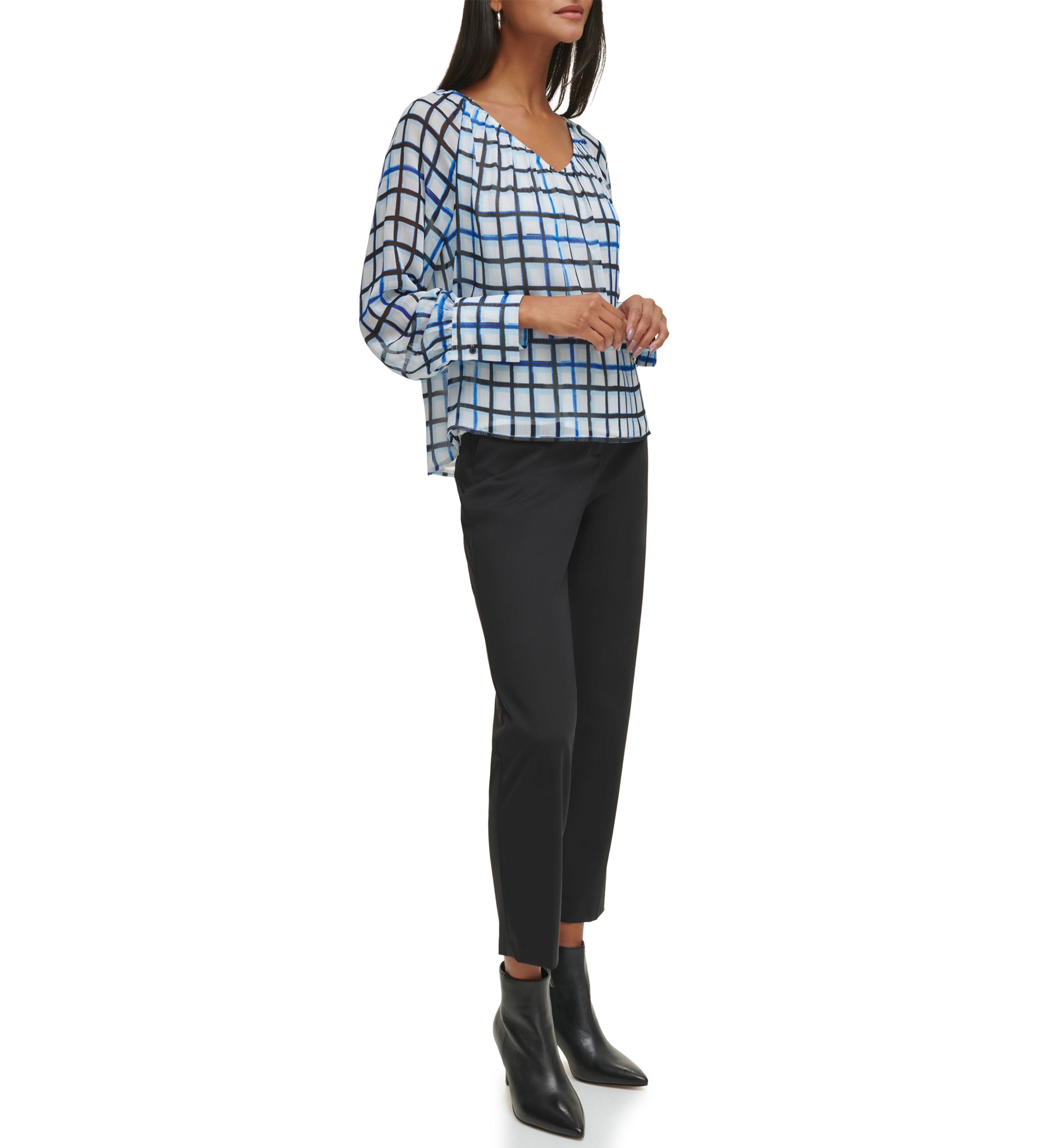 Womens Raglan Sleeve Grid Print Blouse 