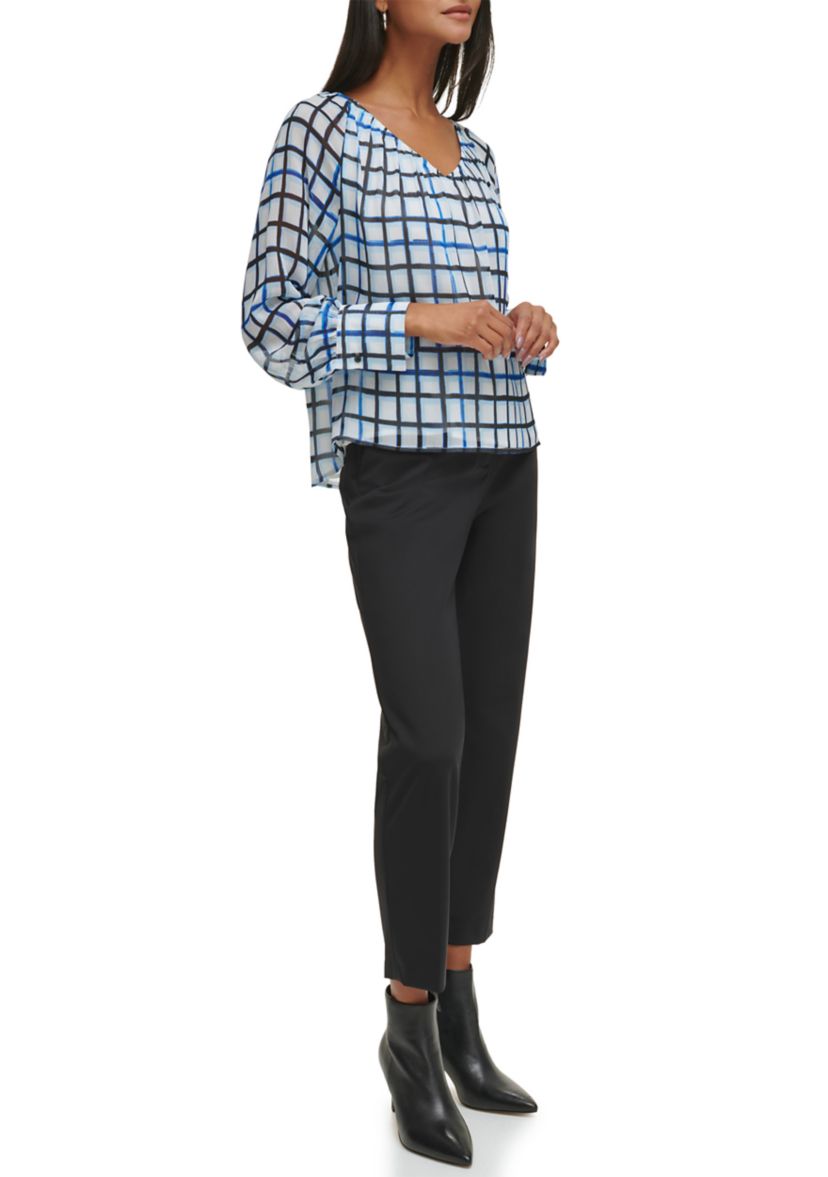Womens Raglan Sleeve Grid Print Blouse 