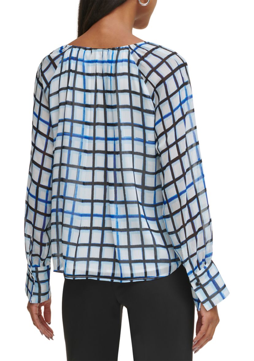 Womens Raglan Sleeve Grid Print Blouse 