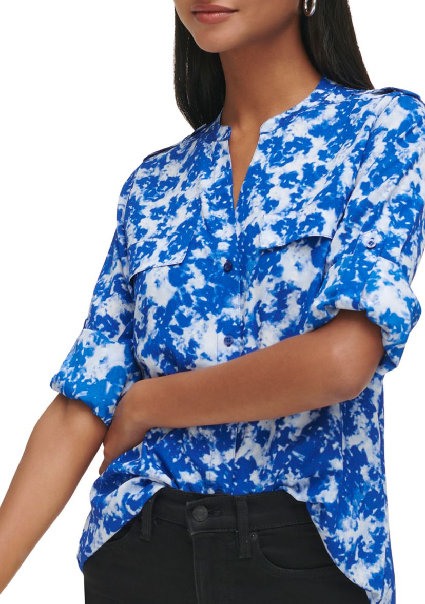 Womens Floral Cuff Sleeve Blouse