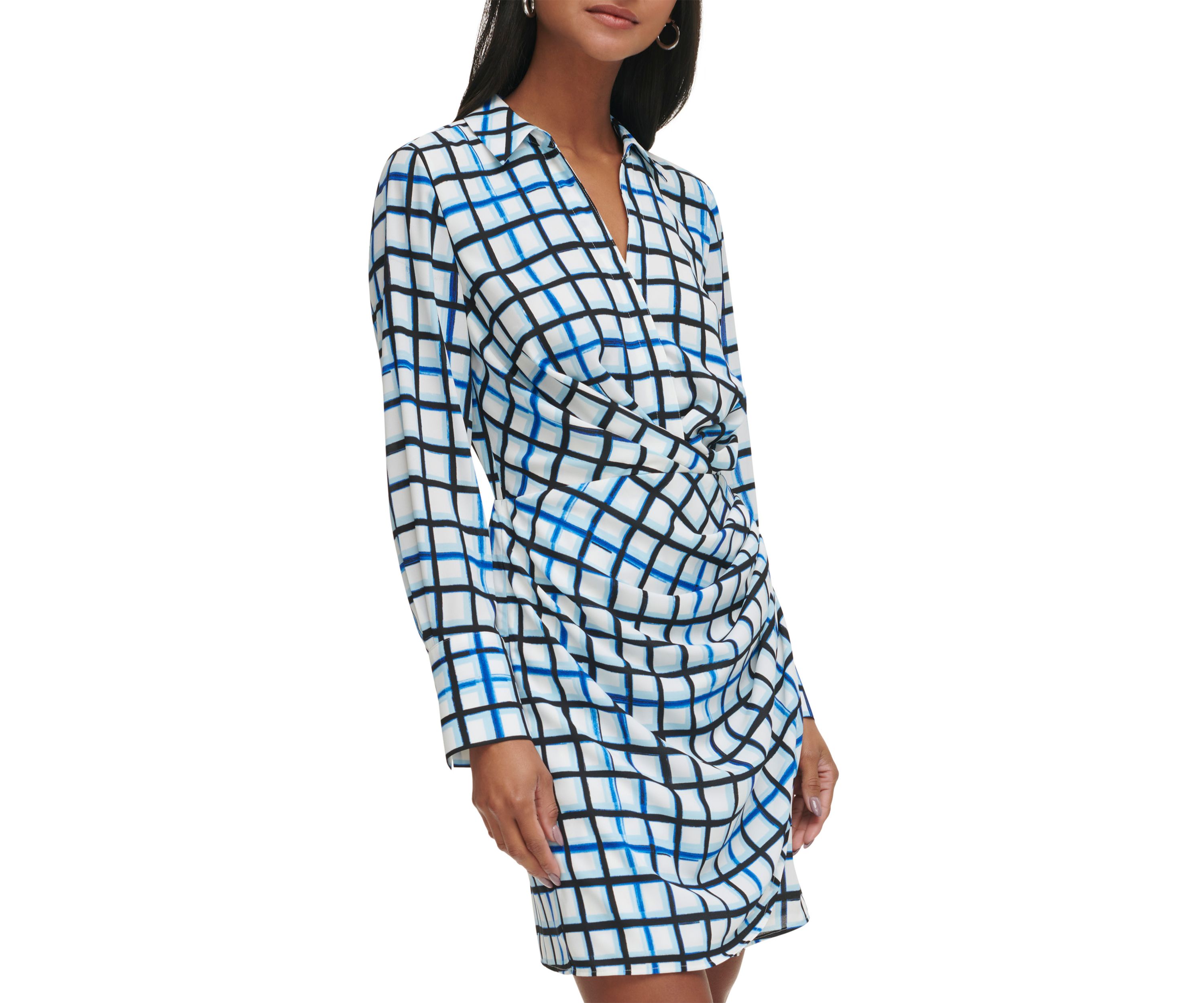 Womens Long Sleeve Grid Print Wrap Dress