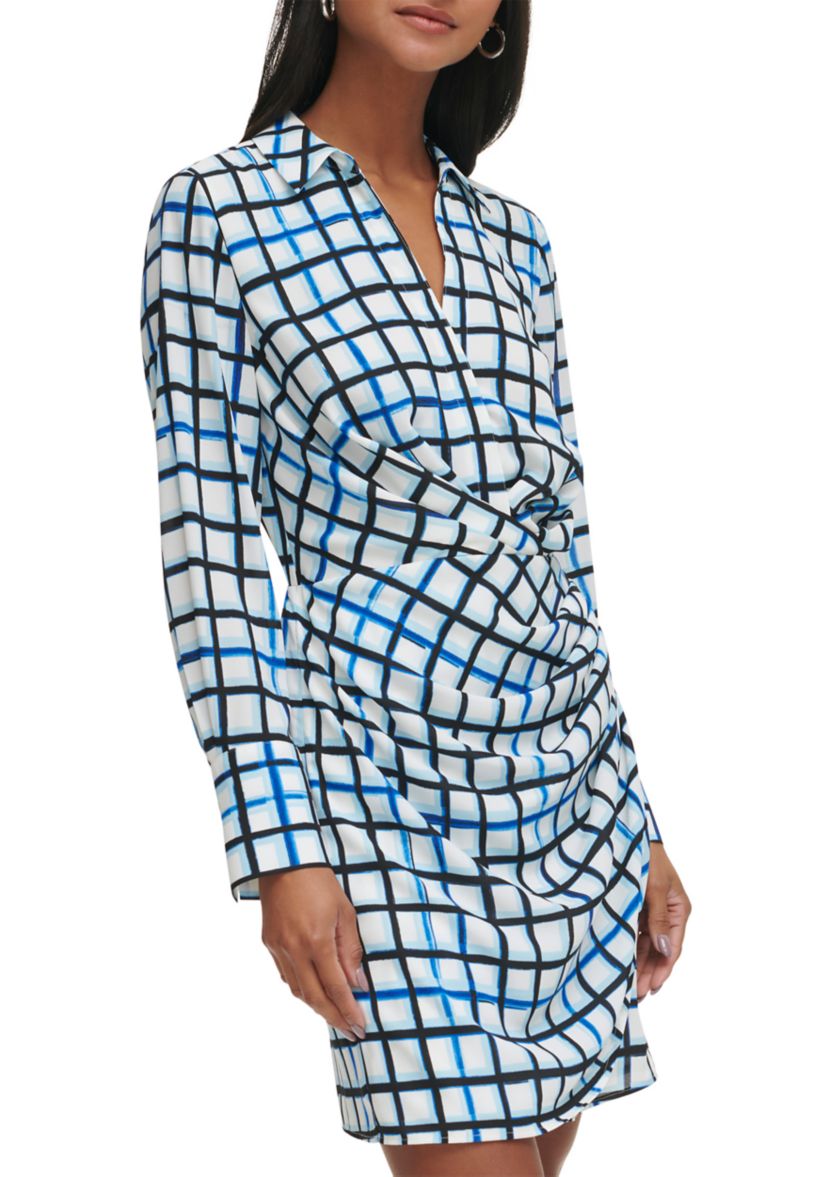 Womens Long Sleeve Grid Print Wrap Dress
