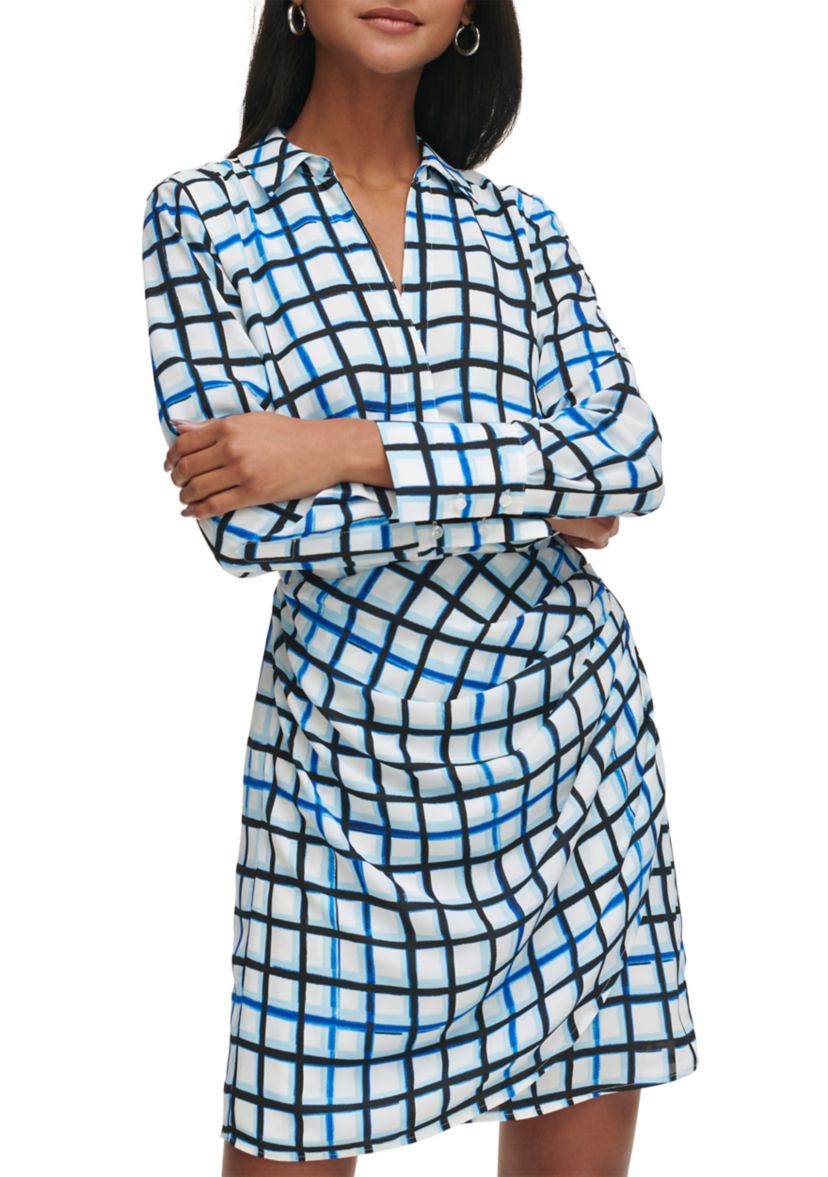 Womens Long Sleeve Grid Print Wrap Dress