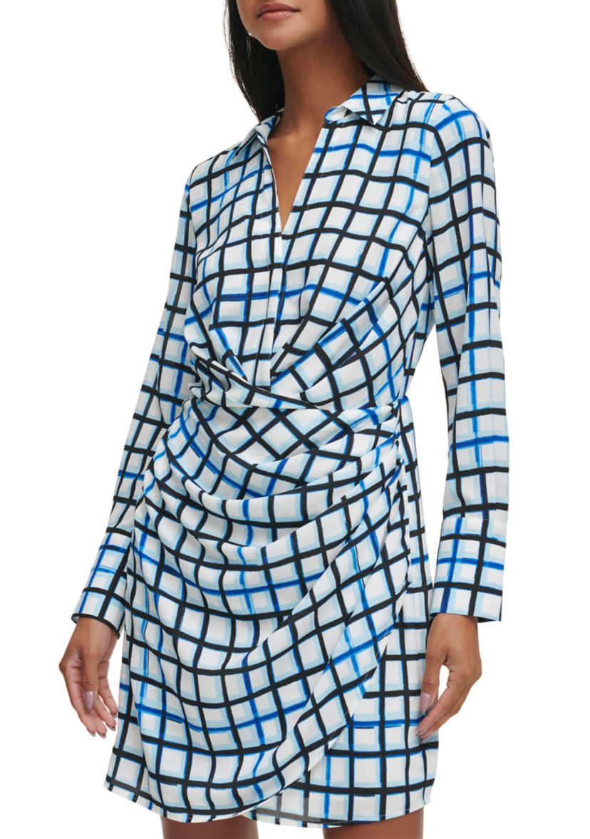 Womens Long Sleeve Grid Print Wrap Dress