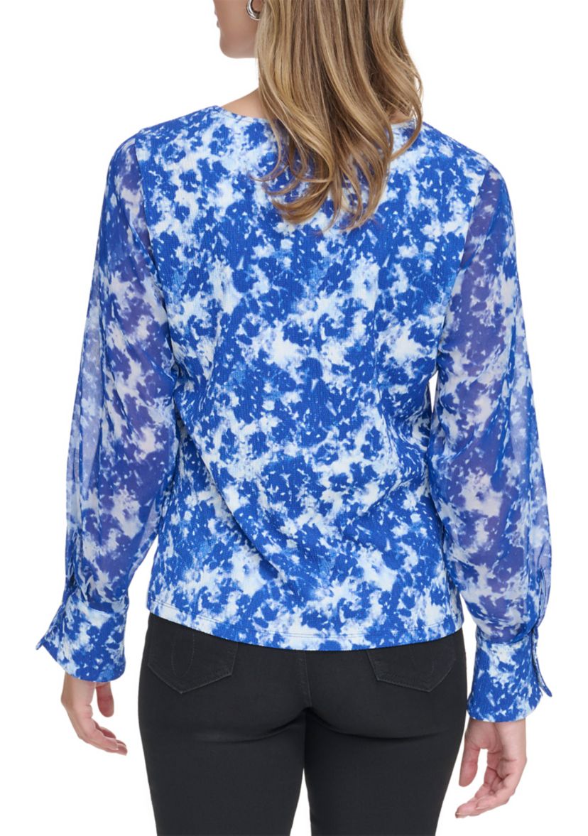Womens Bell Sleeve Chiffon Floral Blouse